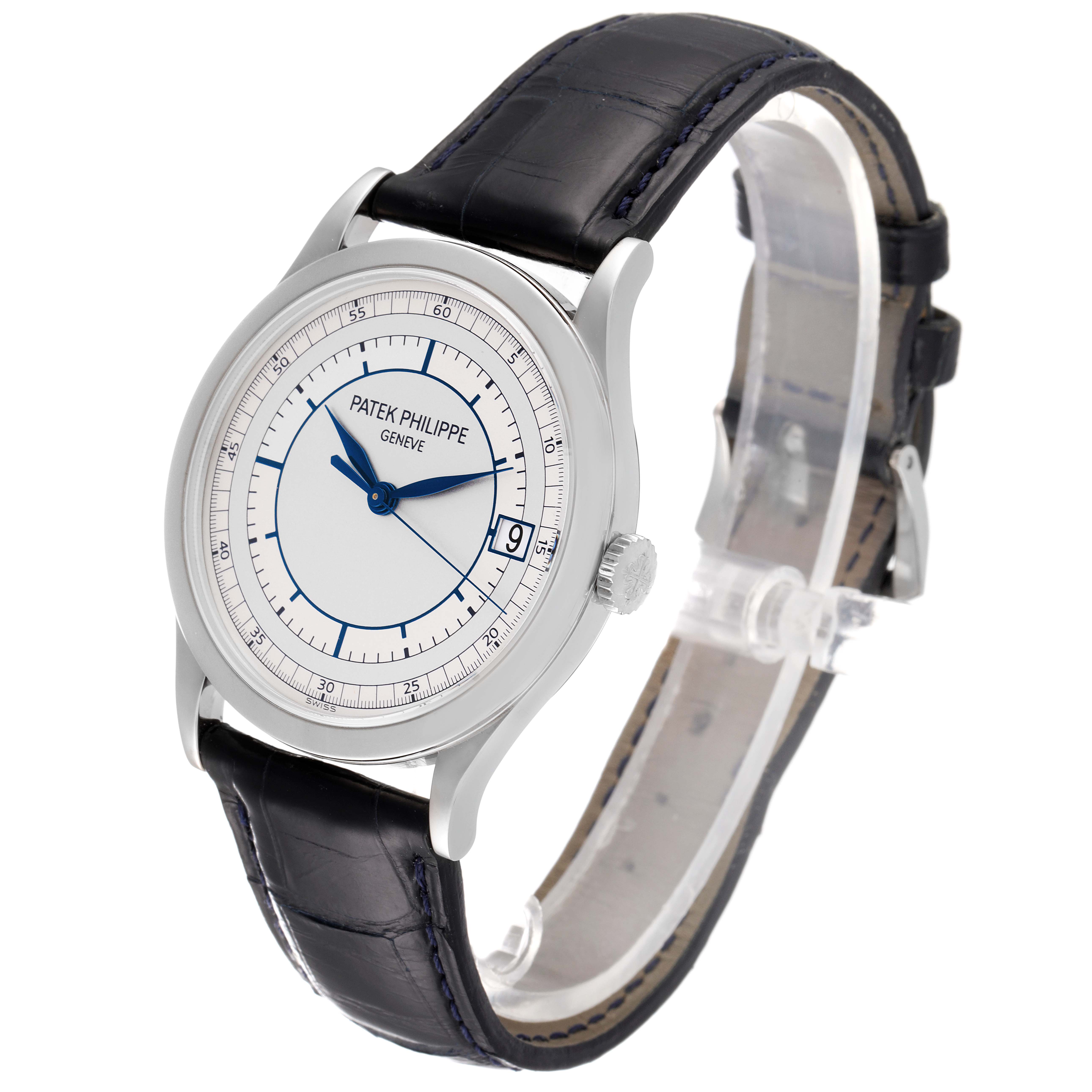 This Patek Philippe Calatrava 5296G-001 Men's White Gold Silver Dial 5296G-001 Men's White Gold Silver Dial watch is shown from a front-side angle, highlighting the face, bezel, and black leather strap.