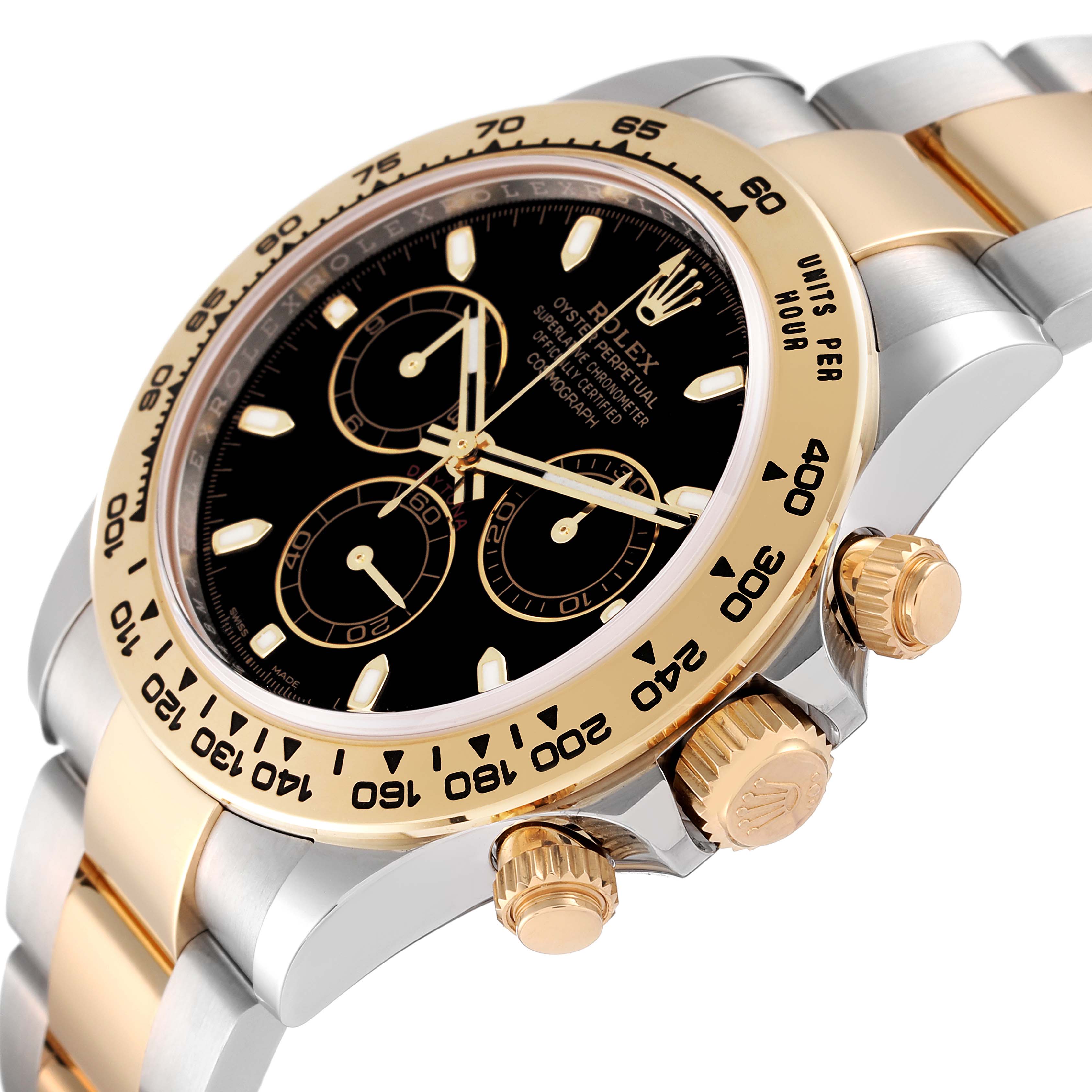 This image shows a close-up of the Rolex Daytona 116503 Men's Steel and Gold (two tone) Black Dial 116503 Men's Steel and Gold (two tone) Black Dial, highlighting the bezel, crown, pushers, and part of the bracelet.