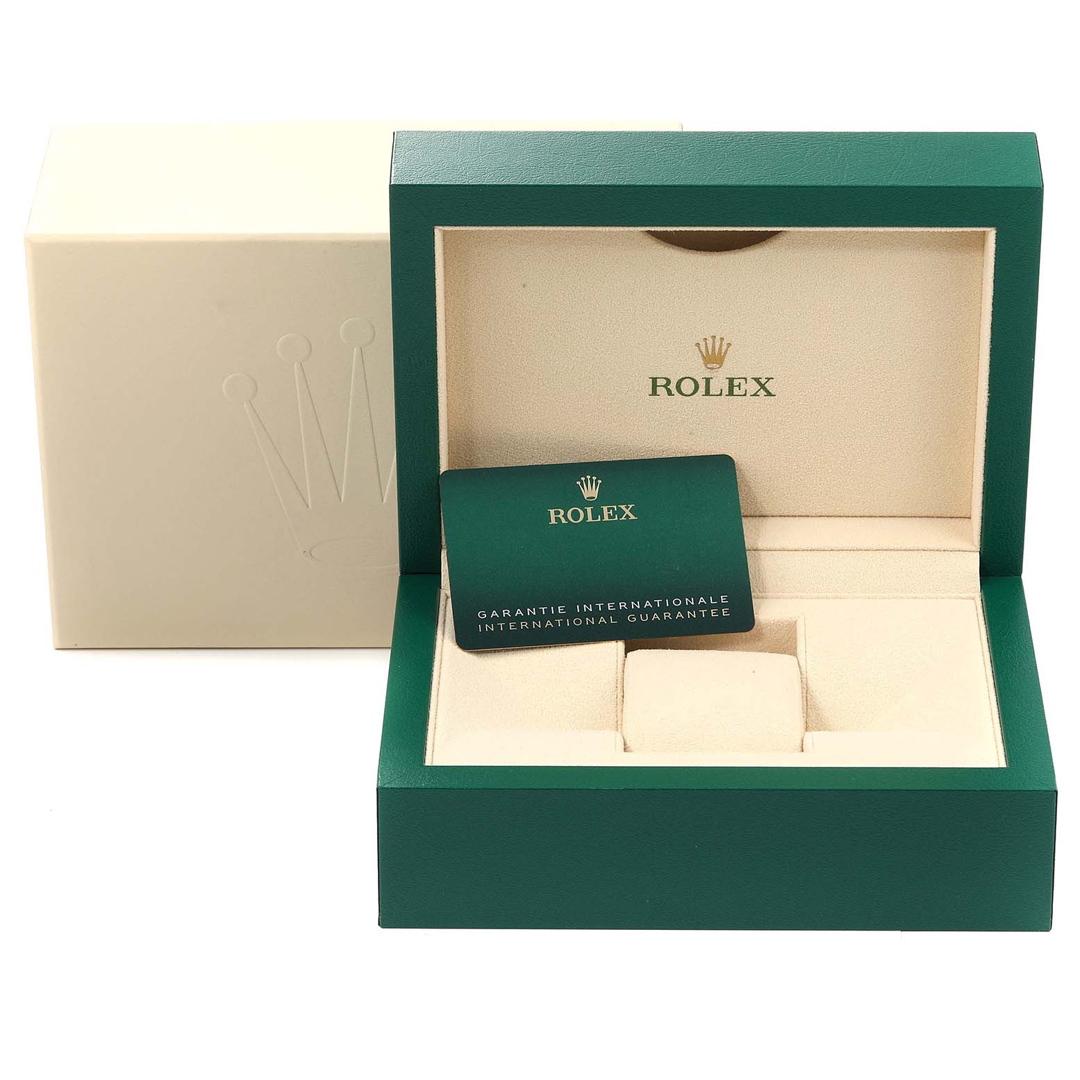 The image shows an open Rolex Daytona 116503 Men's Steel and Gold (two tone) Black Dial 116503 Men's Steel and Gold (two tone) Black Dial watch box with its interior, along with an international guarantee card.