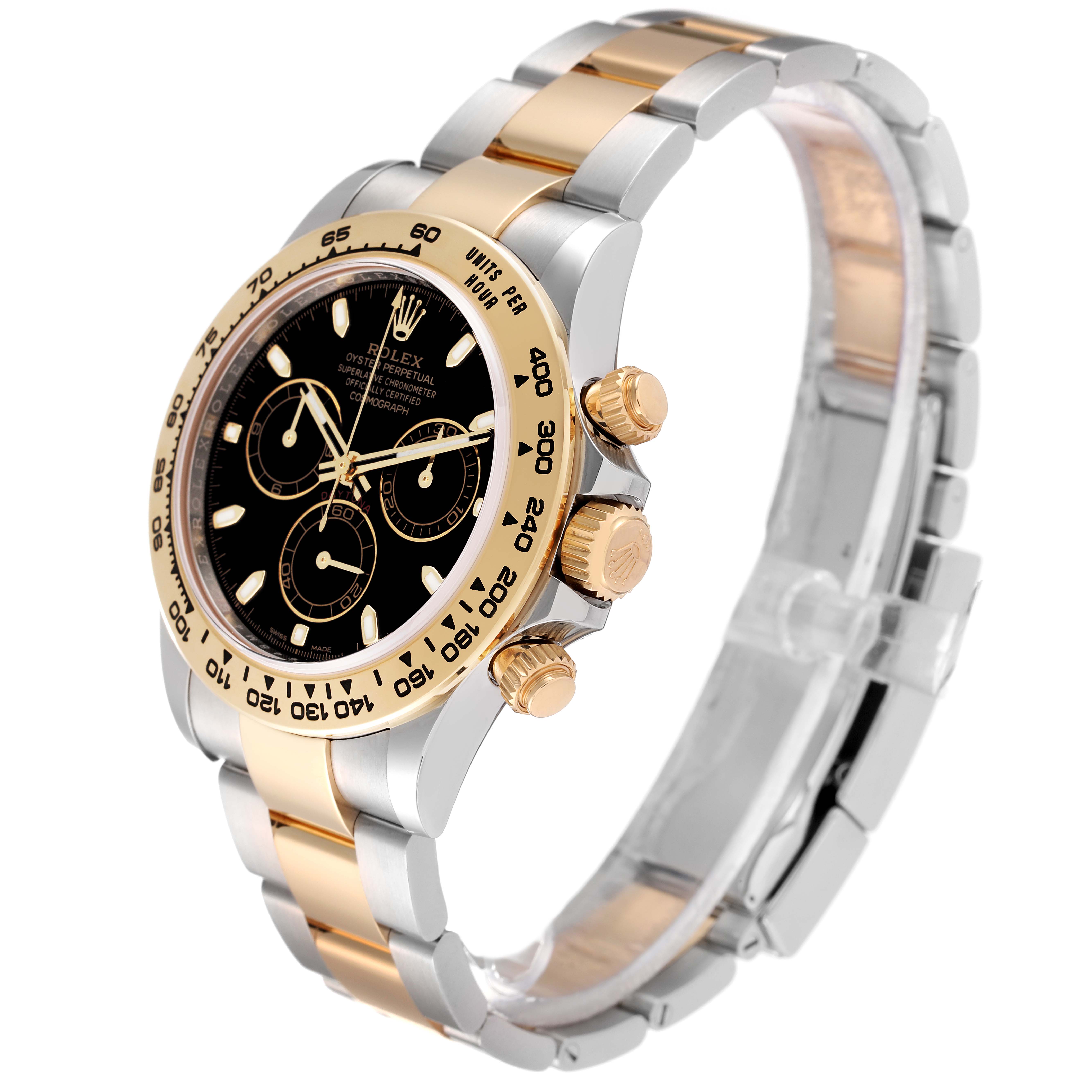 The Rolex Daytona 116503 Men's Steel and Gold (two tone) Black Dial 116503 Men's Steel and Gold (two tone) Black Dial watch is shown at a side angle, highlighting its bezel, dial, and two-tone bracelet.