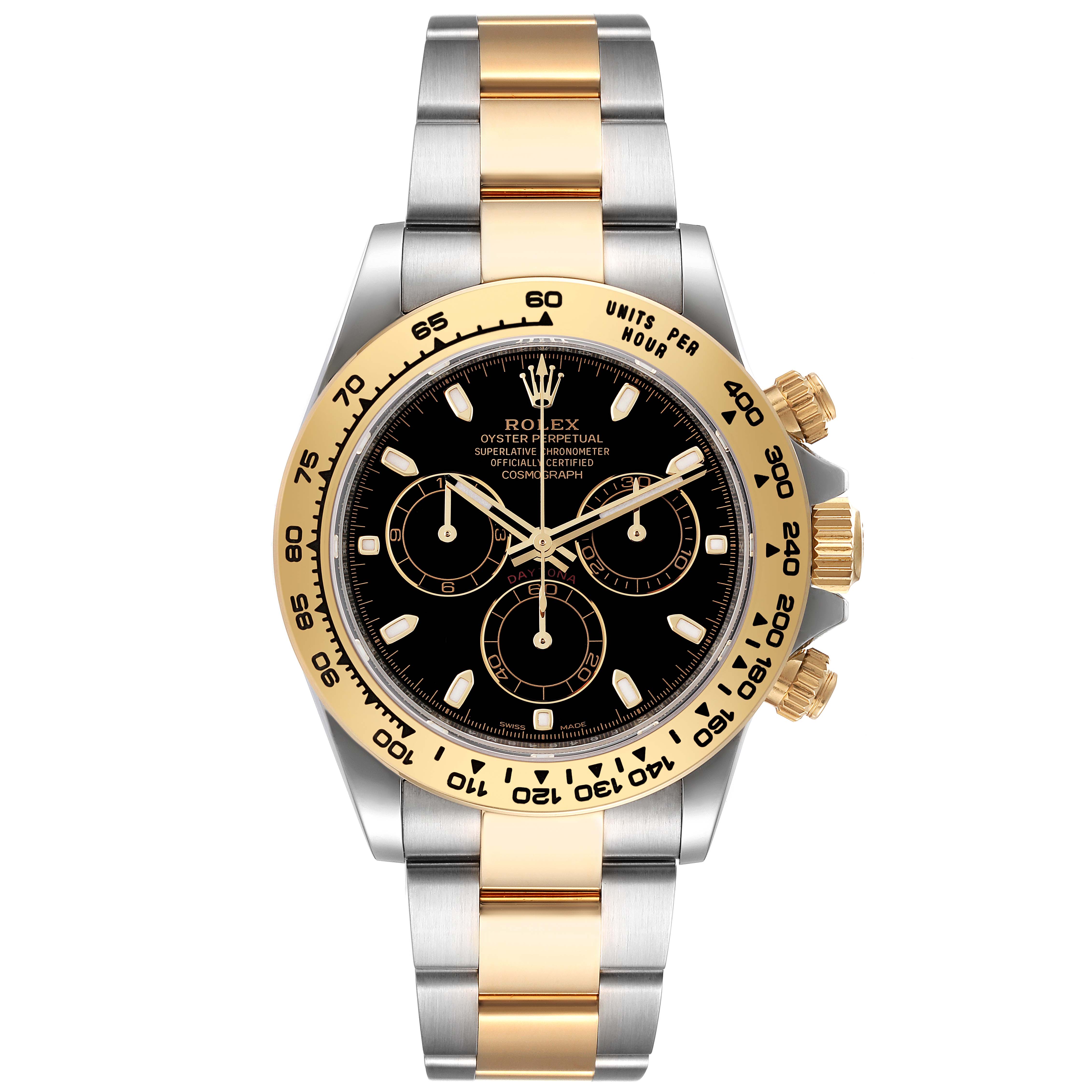 The image shows a front angle of a Rolex Daytona 116503 Men's Steel and Gold (two tone) Black Dial 116503 Men's Steel and Gold (two tone) Black Dial watch, highlighting the bezel, dial, sub-dials, and two-tone bracelet.