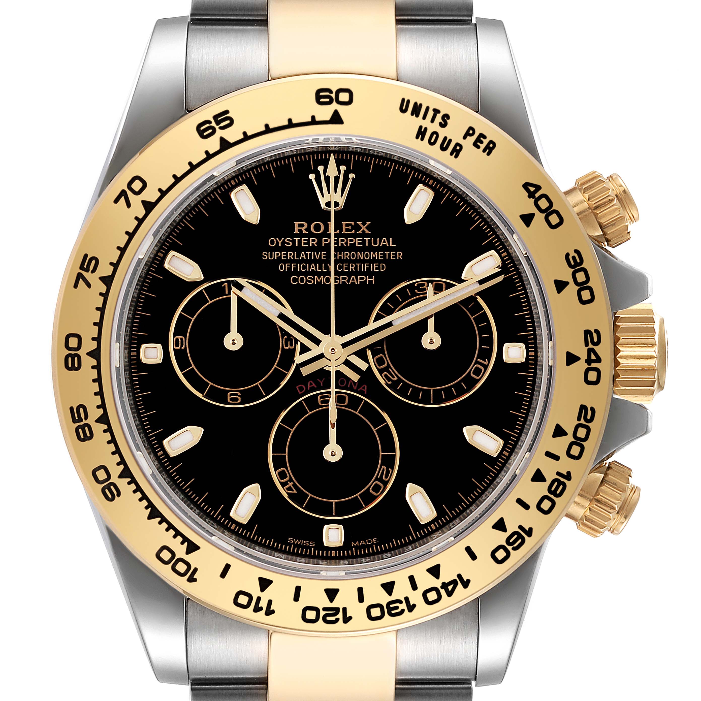 The image shows a frontal view of a Rolex Daytona 116503 Men's Steel and Gold (two tone) Black Dial 116503 Men's Steel and Gold (two tone) Black Dial watch, highlighting the black dial, gold bezel, and chronograph subdials.