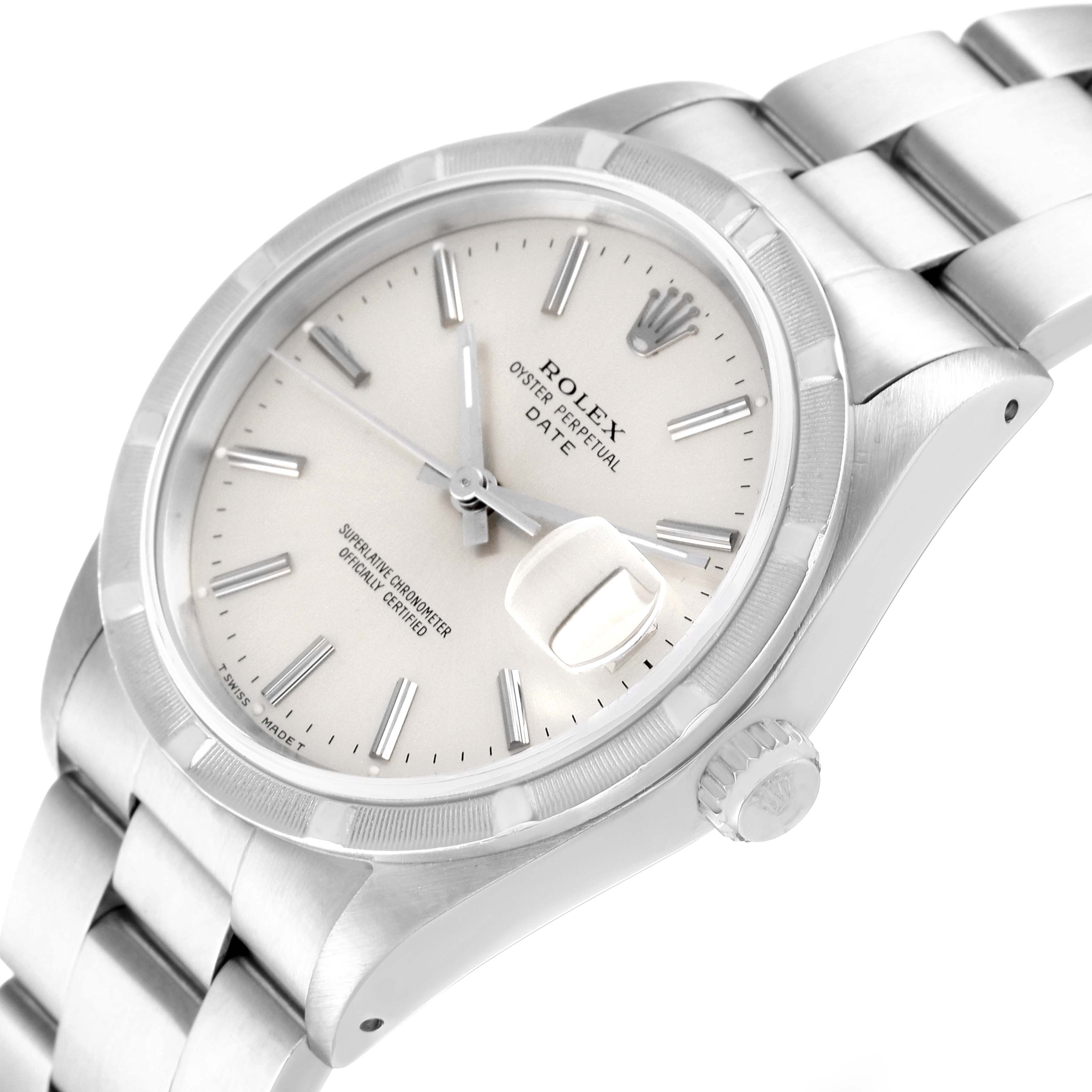 This Rolex Date 15210 Men
s Stainless Steel Silver Dial 15210 Men
s Stainless Steel Silver Dial model watch is shown at a slight angle, highlighting the face, bezel, and part of the bracelet.