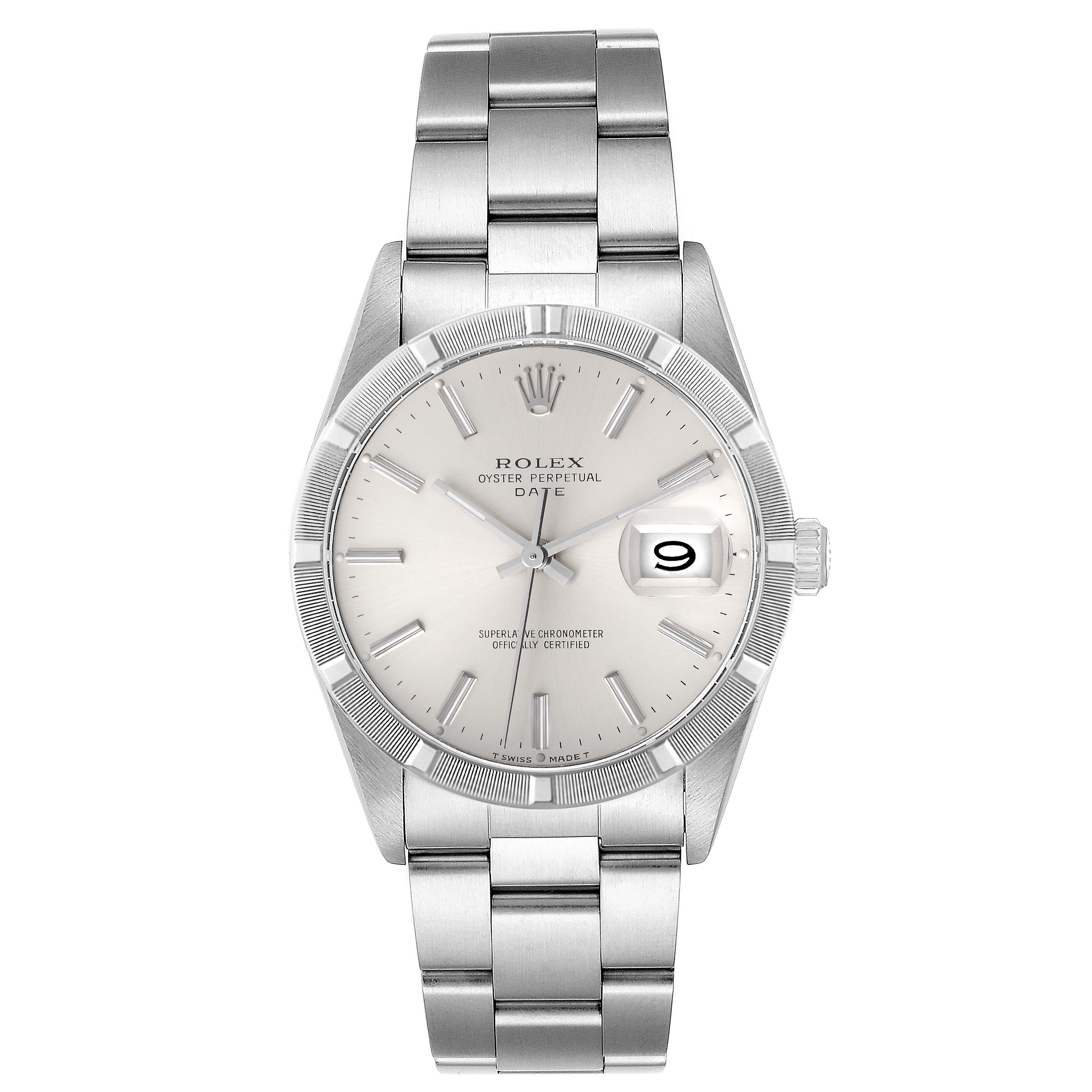 This image shows a frontal view of a Rolex Date 15210 Men
s Stainless Steel Silver Dial 15210 Men
s Stainless Steel Silver Dial model watch, displaying the face, bezel, crown, and metal bracelet.