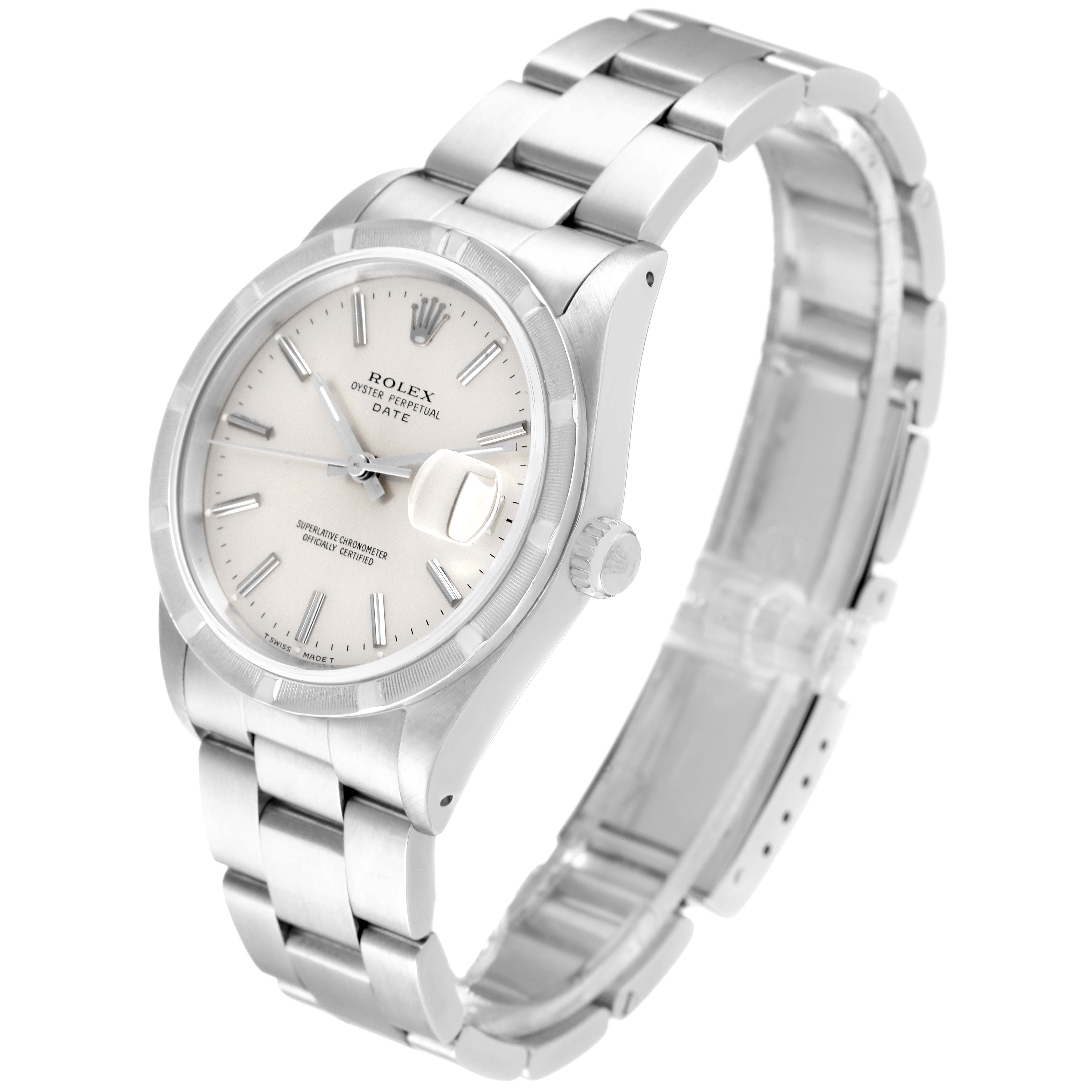 The Rolex Date 15210 Men
s Stainless Steel Silver Dial 15210 Men
s Stainless Steel Silver Dial model watch is shown from an angled perspective, displaying the face, bezel, dial, and bracelet.