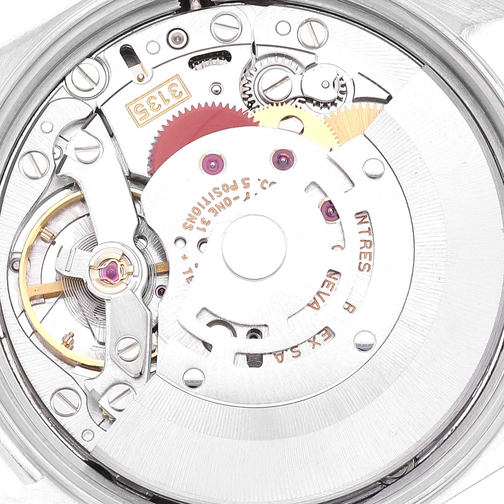 This image shows the internal movement mechanism of a Rolex Date 15210 Men
s Stainless Steel Silver Dial 15210 Men
s Stainless Steel Silver Dial model watch viewed from the back.