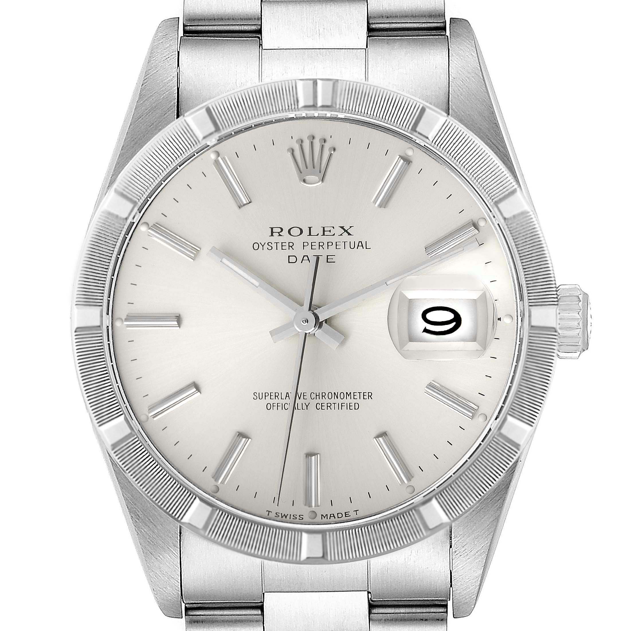 The image shows a front angle of the Rolex Date 15210 Men
s Stainless Steel Silver Dial 15210 Men
s Stainless Steel Silver Dial model, displaying the watch face, bezel, crown, and part of the bracelet.