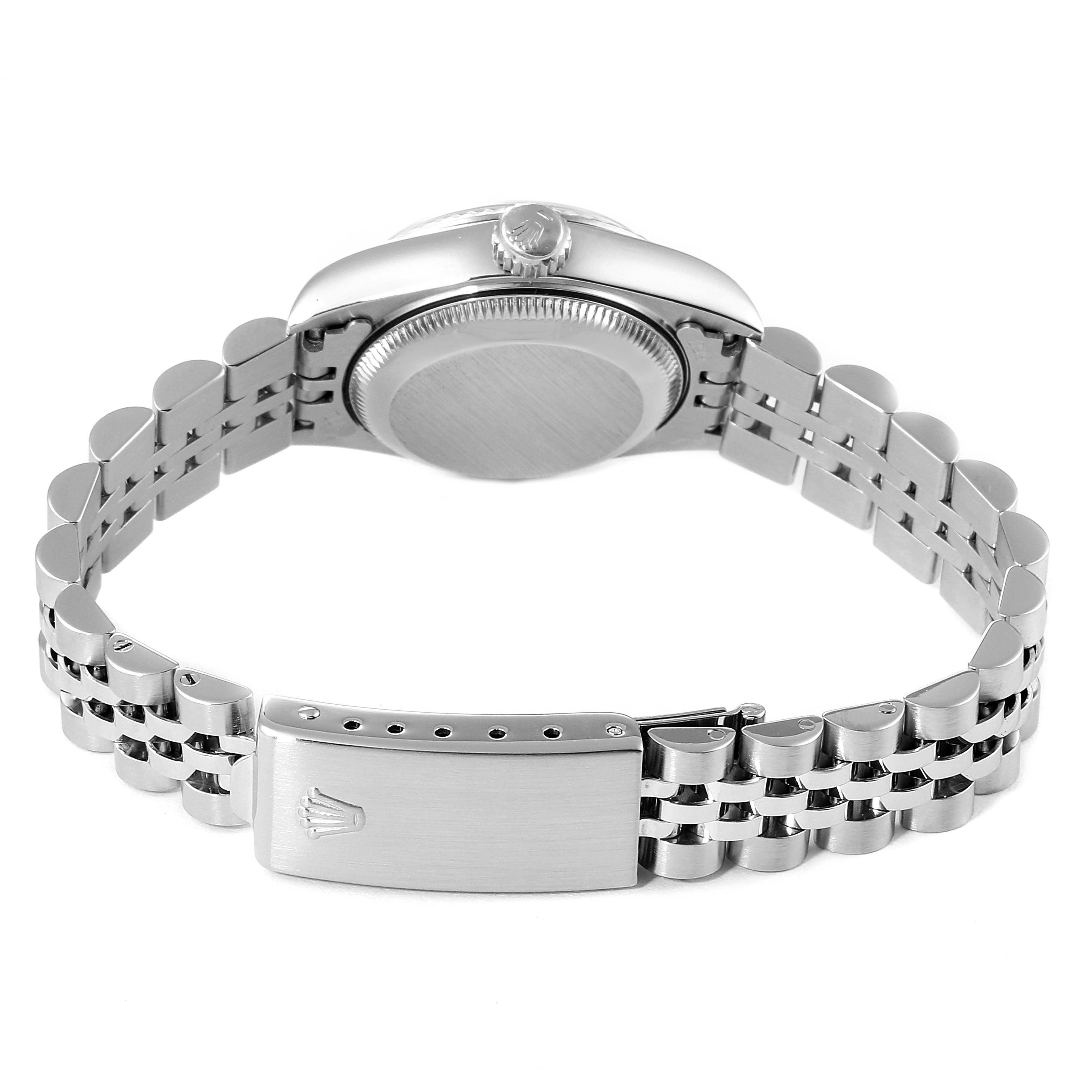 This image shows the back and bracelet of a Rolex Datejust 79174 Women's Stainless Steel Silver Dial 79174 Women's Stainless Steel Silver Dial watch, highlighting the clasp and case back.