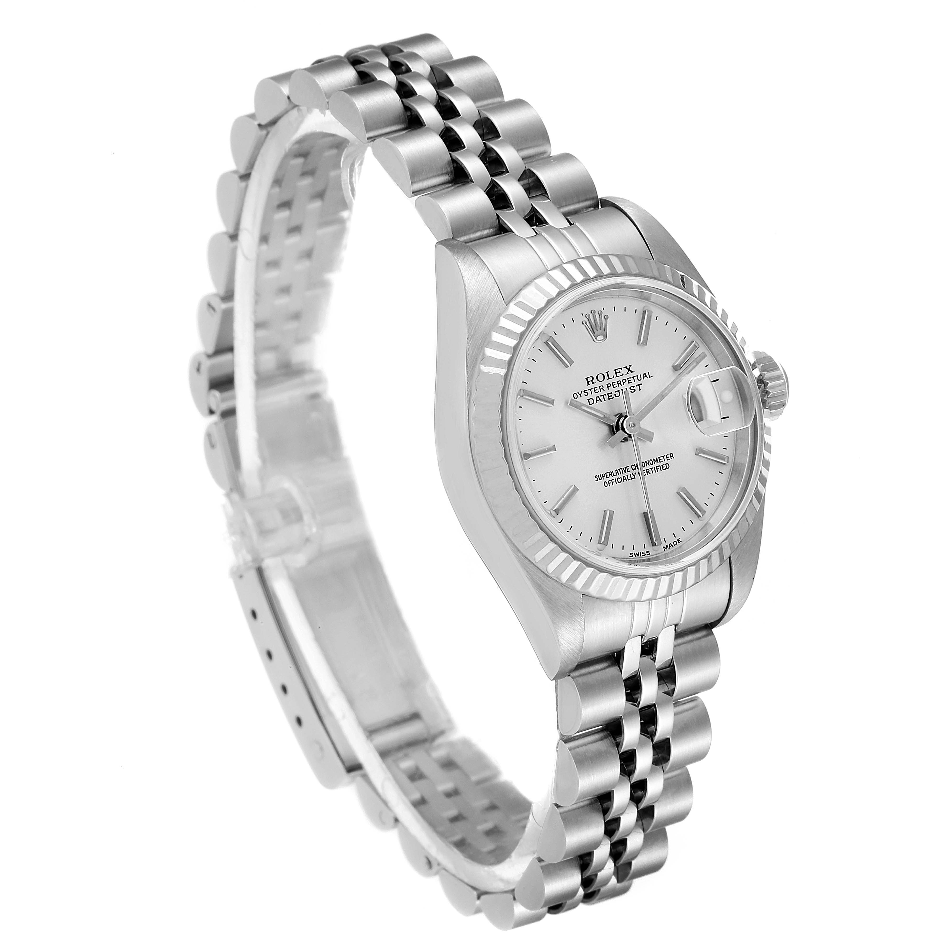 This Rolex Datejust 79174 Women's Stainless Steel Silver Dial 79174 Women's Stainless Steel Silver Dial watch is shown from a 3/4 angle, highlighting the face, bezel, and bracelet.