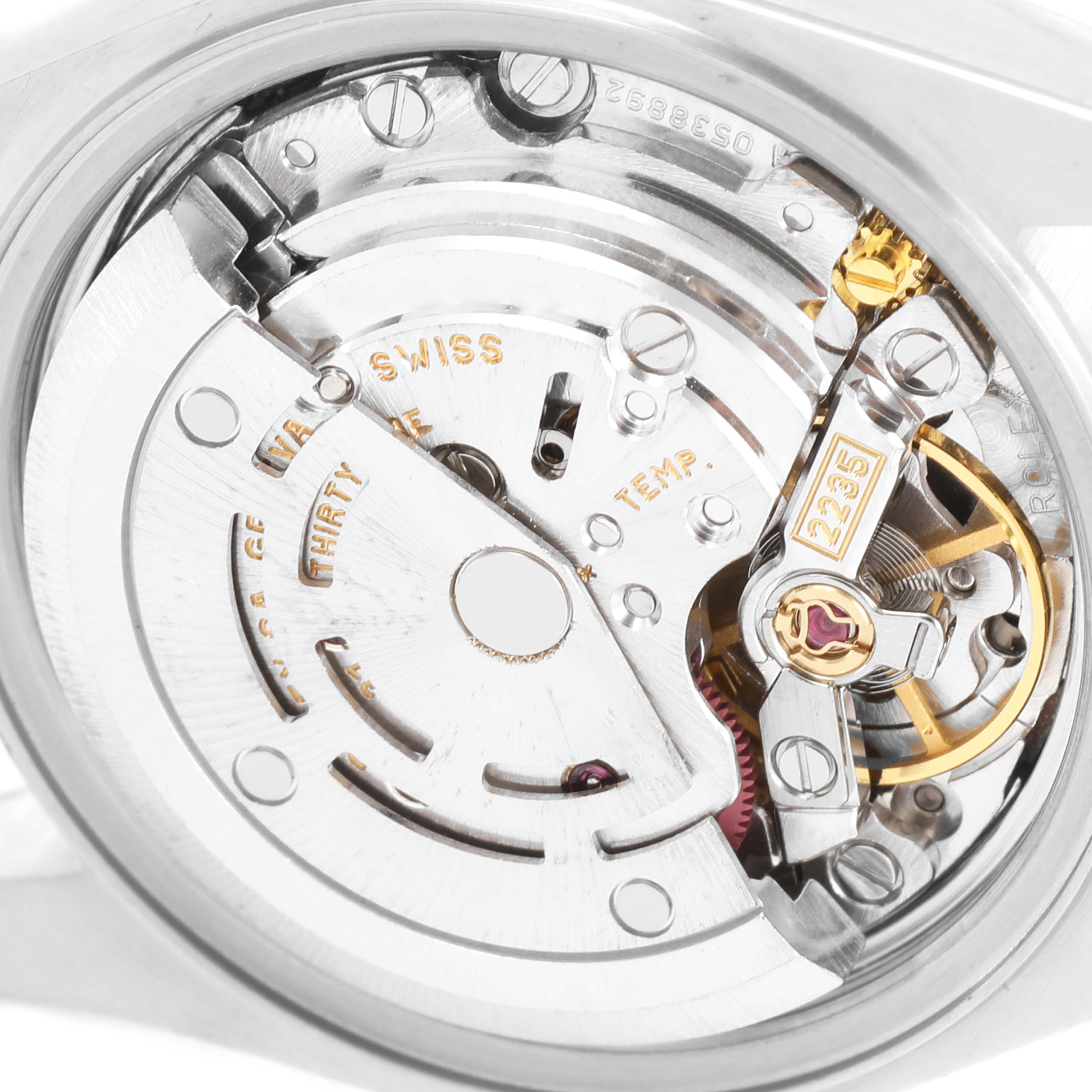 This image shows a close-up of the inner mechanical movement of the Rolex Datejust 79174 Women's Stainless Steel Silver Dial 79174 Women's Stainless Steel Silver Dial watch.