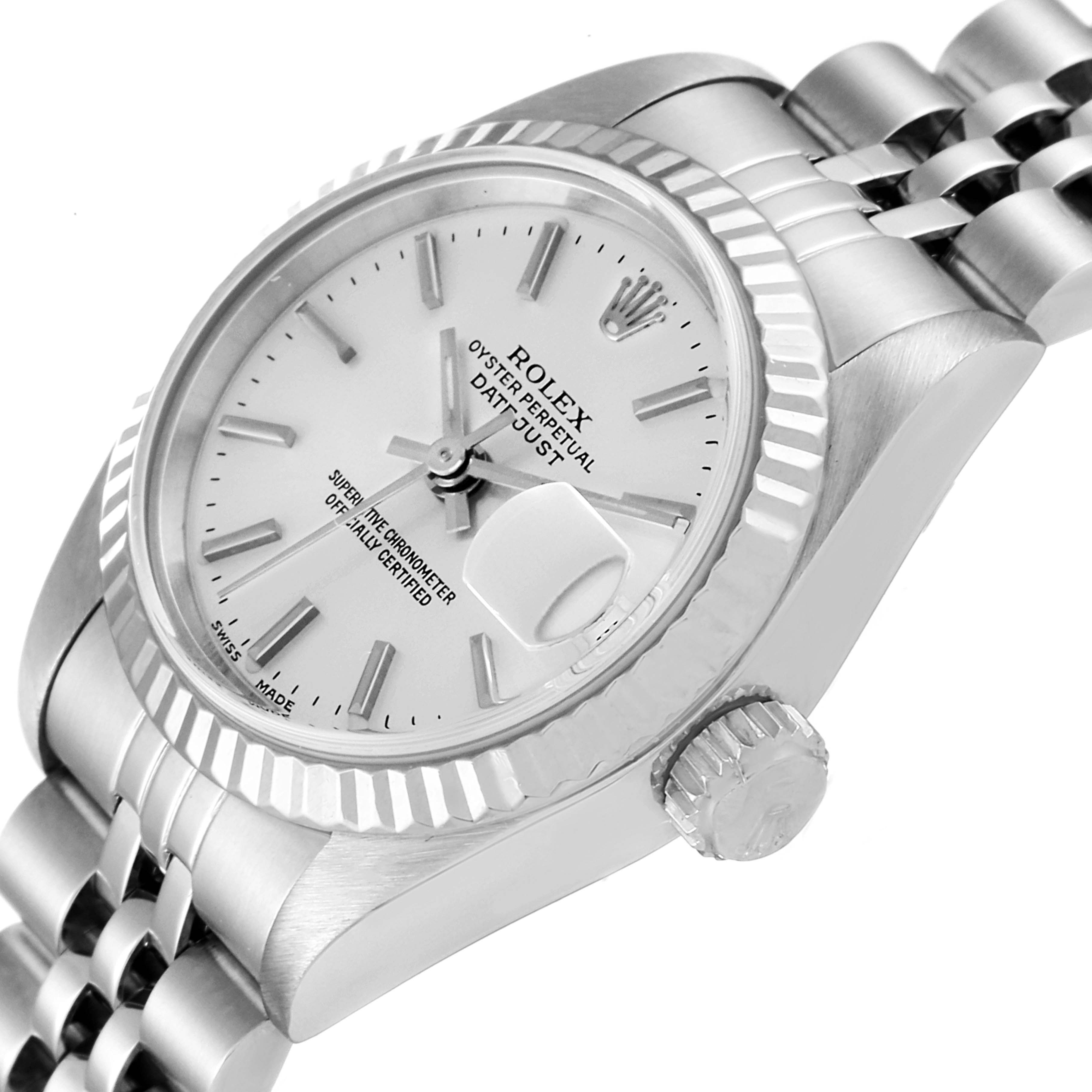 The image shows a close-up side angle of a Rolex Datejust 79174 Women's Stainless Steel Silver Dial 79174 Women's Stainless Steel Silver Dial watch, focusing on the dial, bracelet, and crown.