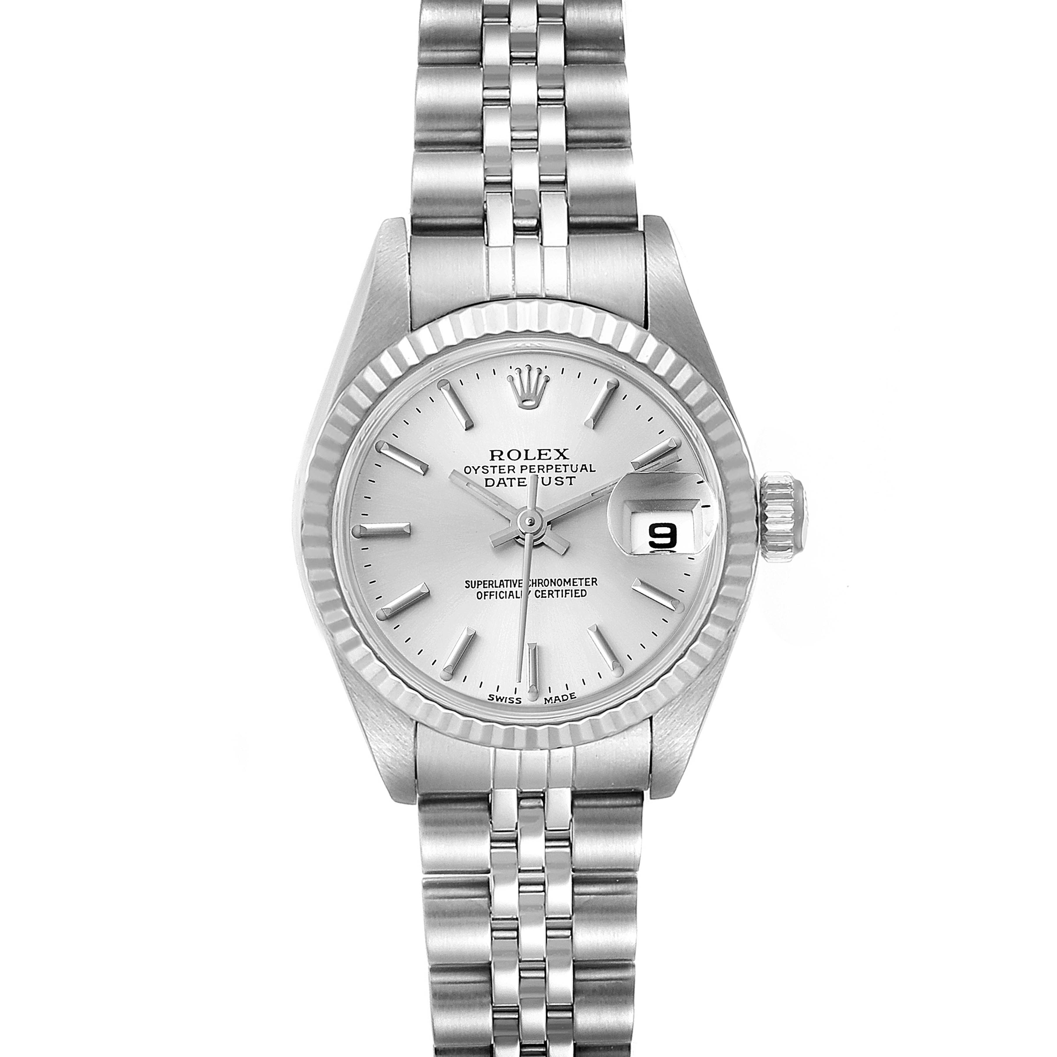 The image shows a Rolex Datejust 79174 Women's Stainless Steel Silver Dial 79174 Women's Stainless Steel Silver Dial watch from a direct overhead angle, displaying its face, bezel, and bracelet.