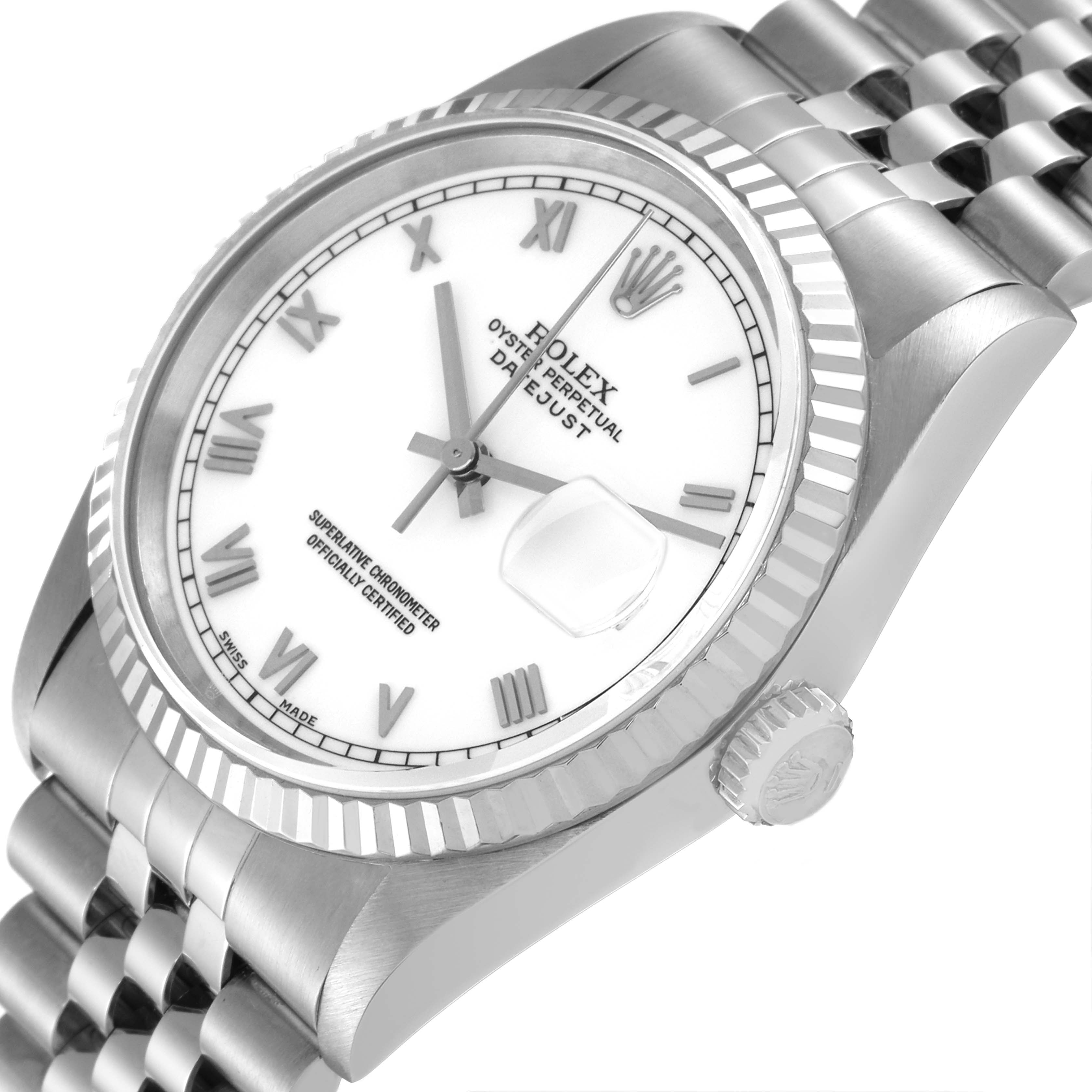 The image shows a close-up angle of a Rolex Datejust 16234 Men's Stainless Steel White Dial 16234 Men's Stainless Steel White Dial watch, highlighting its dial, crown, fluted bezel, and Jubilee bracelet.