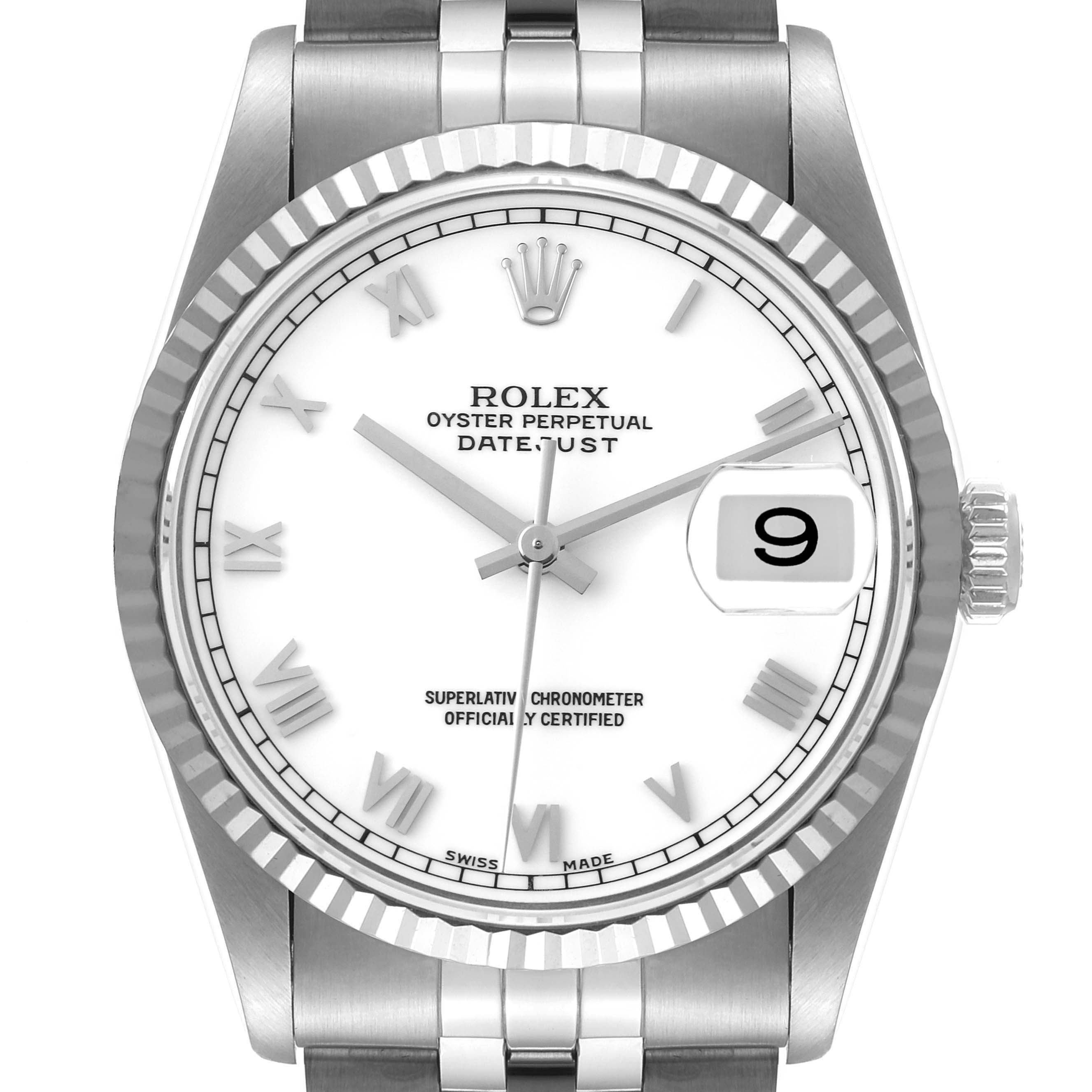 The image displays a front view of the Rolex Datejust 16234 Men's Stainless Steel White Dial 16234 Men's Stainless Steel White Dial watch, showcasing its dial, bezel, and part of the bracelet.