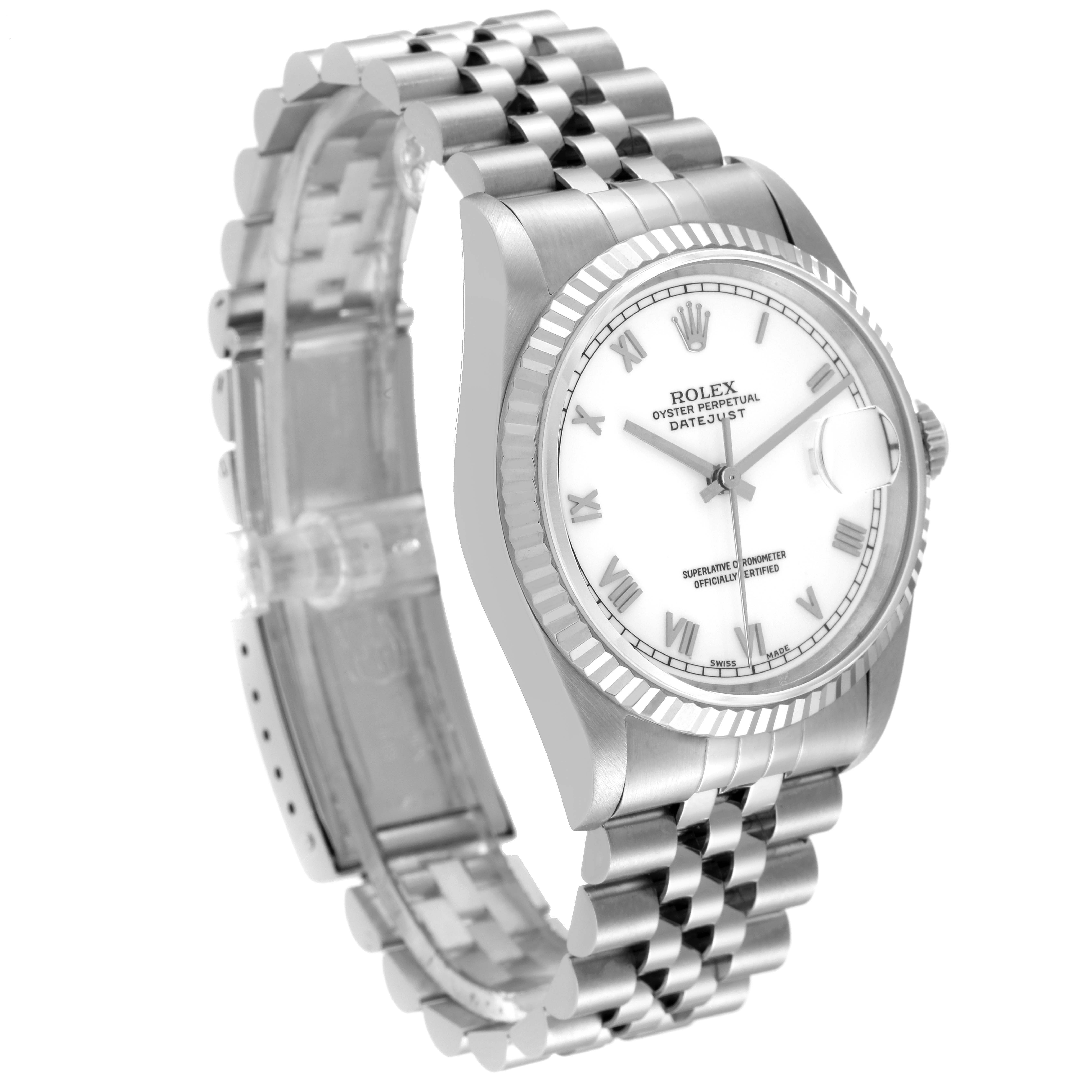 The image shows a Rolex Datejust 16234 Men's Stainless Steel White Dial 16234 Men's Stainless Steel White Dial watch at a three-quarter angle, highlighting the face, bezel, and bracelet.