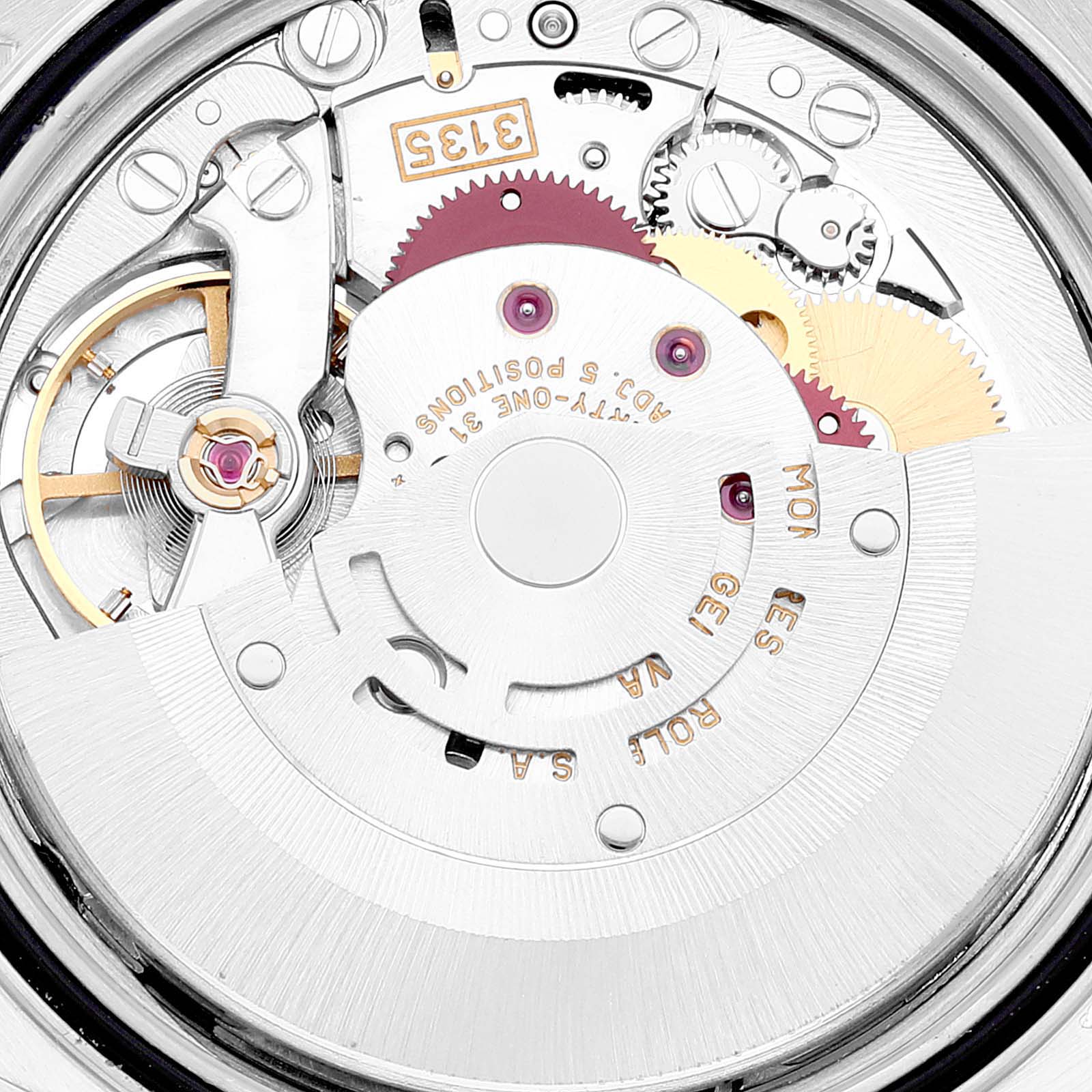 The image shows a close-up view of the movement of a Rolex Datejust 16234 Men's Stainless Steel White Dial 16234 Men's Stainless Steel White Dial watch from a top-down angle.