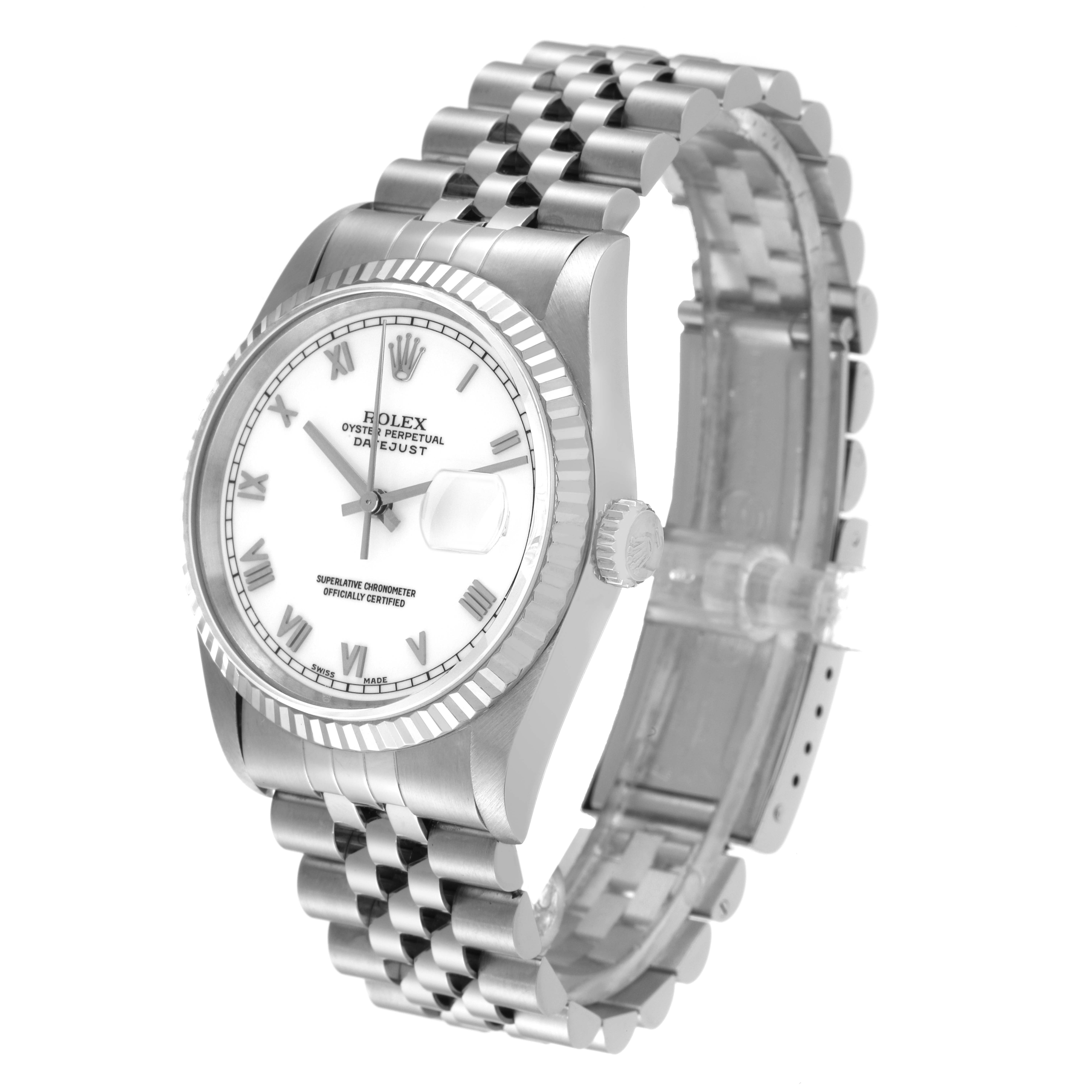 The image shows a Rolex Datejust 16234 Men's Stainless Steel White Dial 16234 Men's Stainless Steel White Dial watch from a three-quarter frontal angle, highlighting the dial, fluted bezel, and Jubilee bracelet.