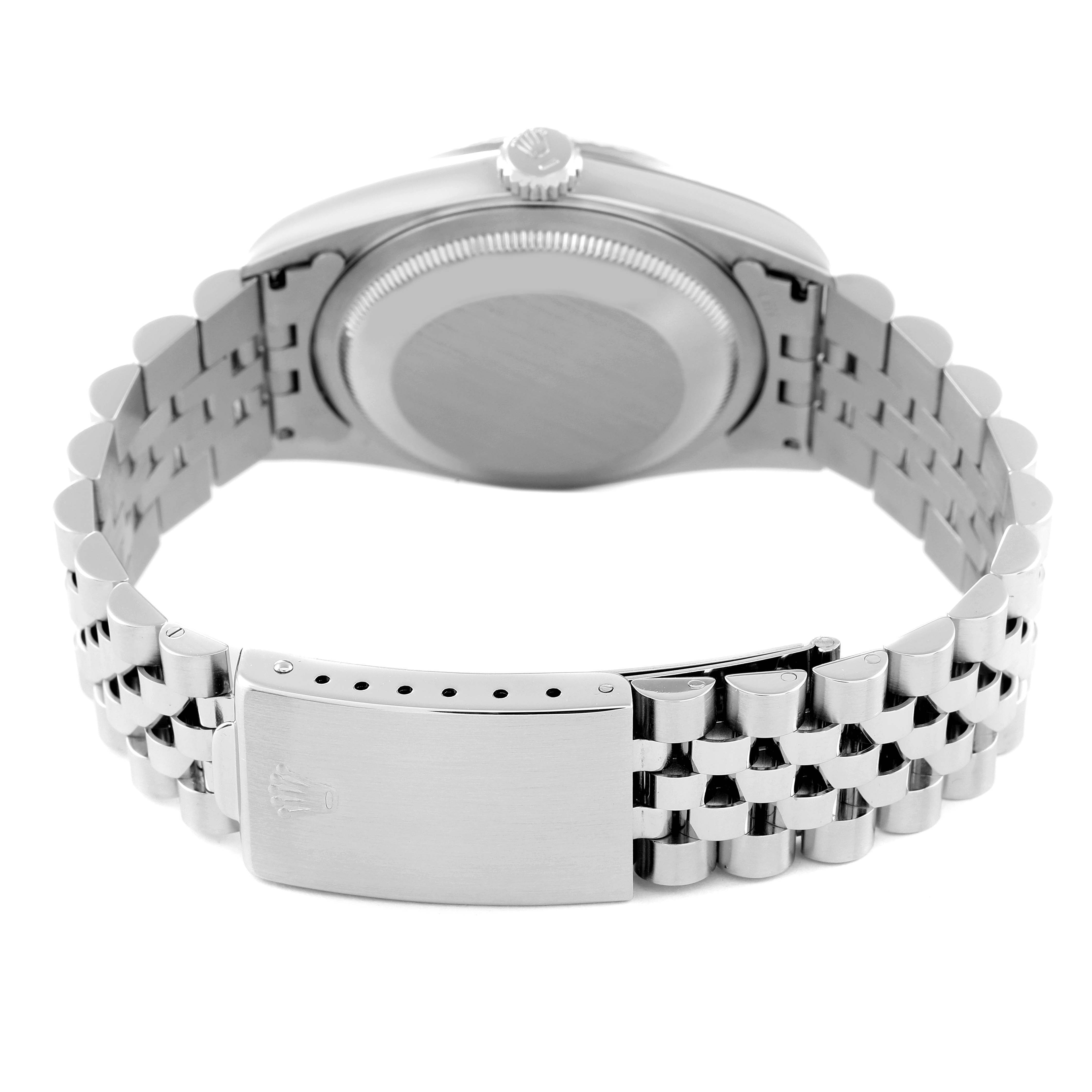 The image shows the back view of a Rolex Datejust 16234 Men's Stainless Steel White Dial 16234 Men's Stainless Steel White Dial watch, focusing on the case back and the clasp of the bracelet.