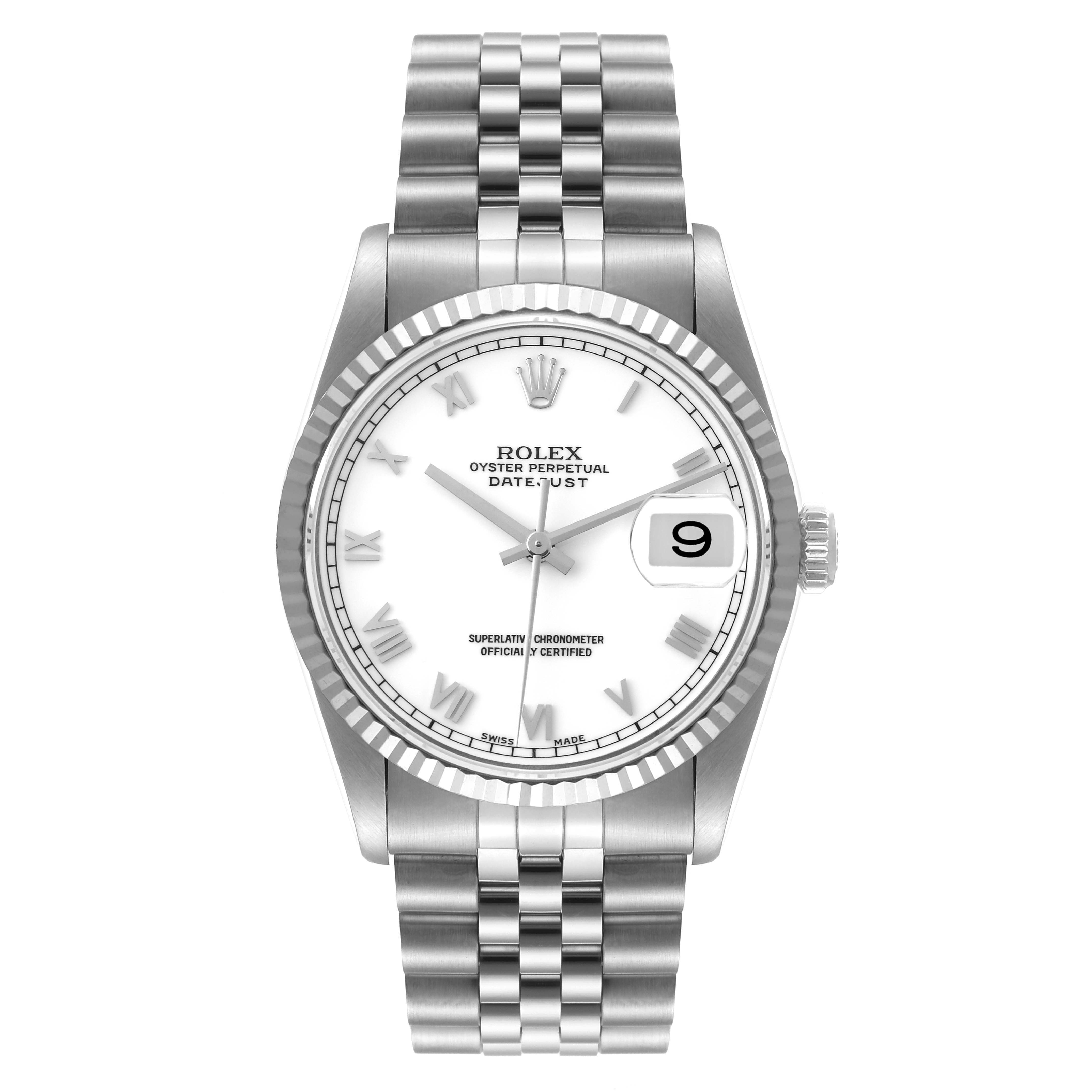 This image shows a frontal view of a Rolex Datejust 16234 Men's Stainless Steel White Dial 16234 Men's Stainless Steel White Dial watch, highlighting its white dial, fluted bezel, and Jubilee bracelet.