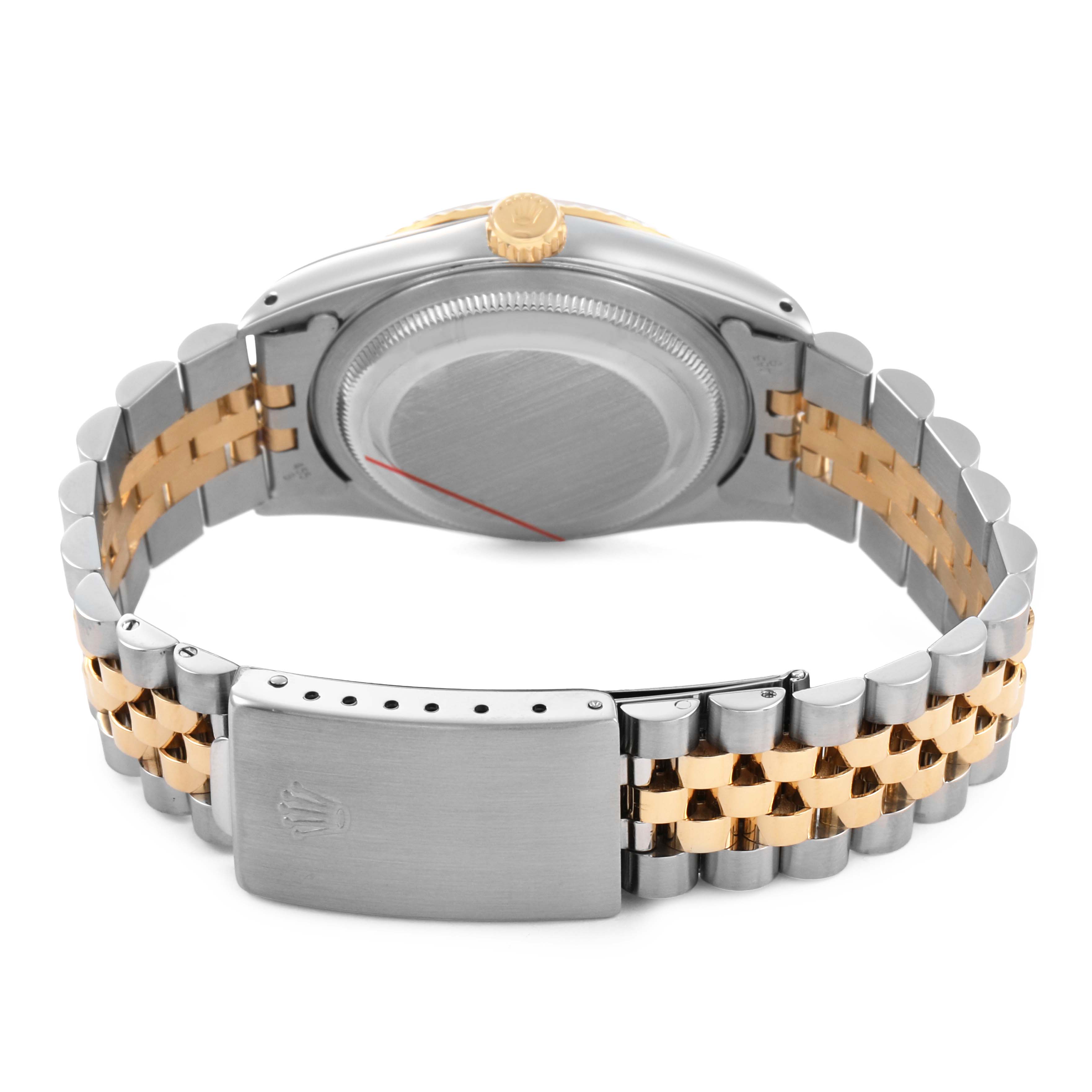 The image shows the back of a Rolex Datejust 16233 Men's Steel and Gold (two tone) Silver Dial watch, highlighting the case back, crown, and Jubilee bracelet.