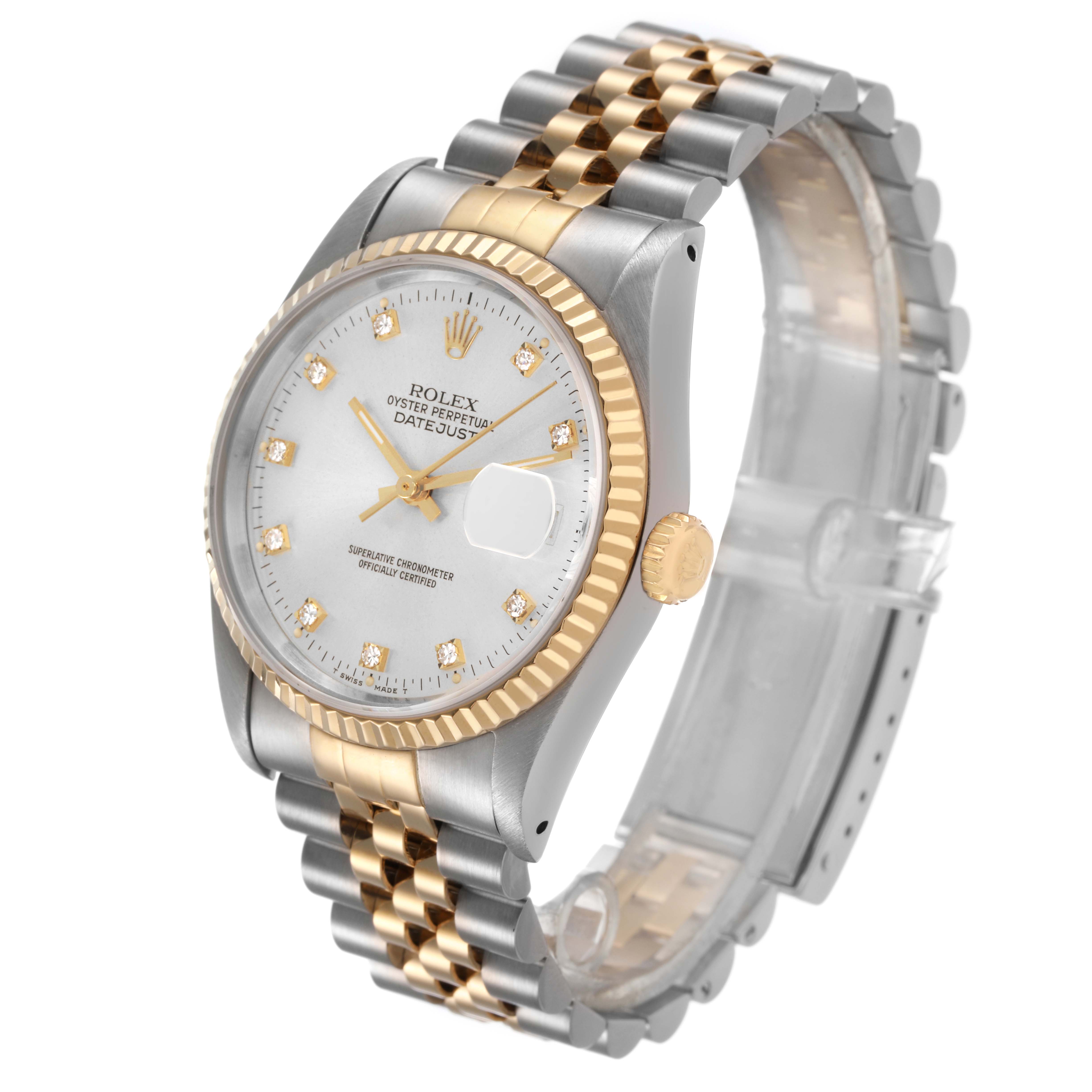 The Rolex Datejust 16233 Men's Steel and Gold (two tone) Silver Dial is shown at a three-quarter angle, highlighting the face, fluted bezel, two-tone bracelet, and crown.