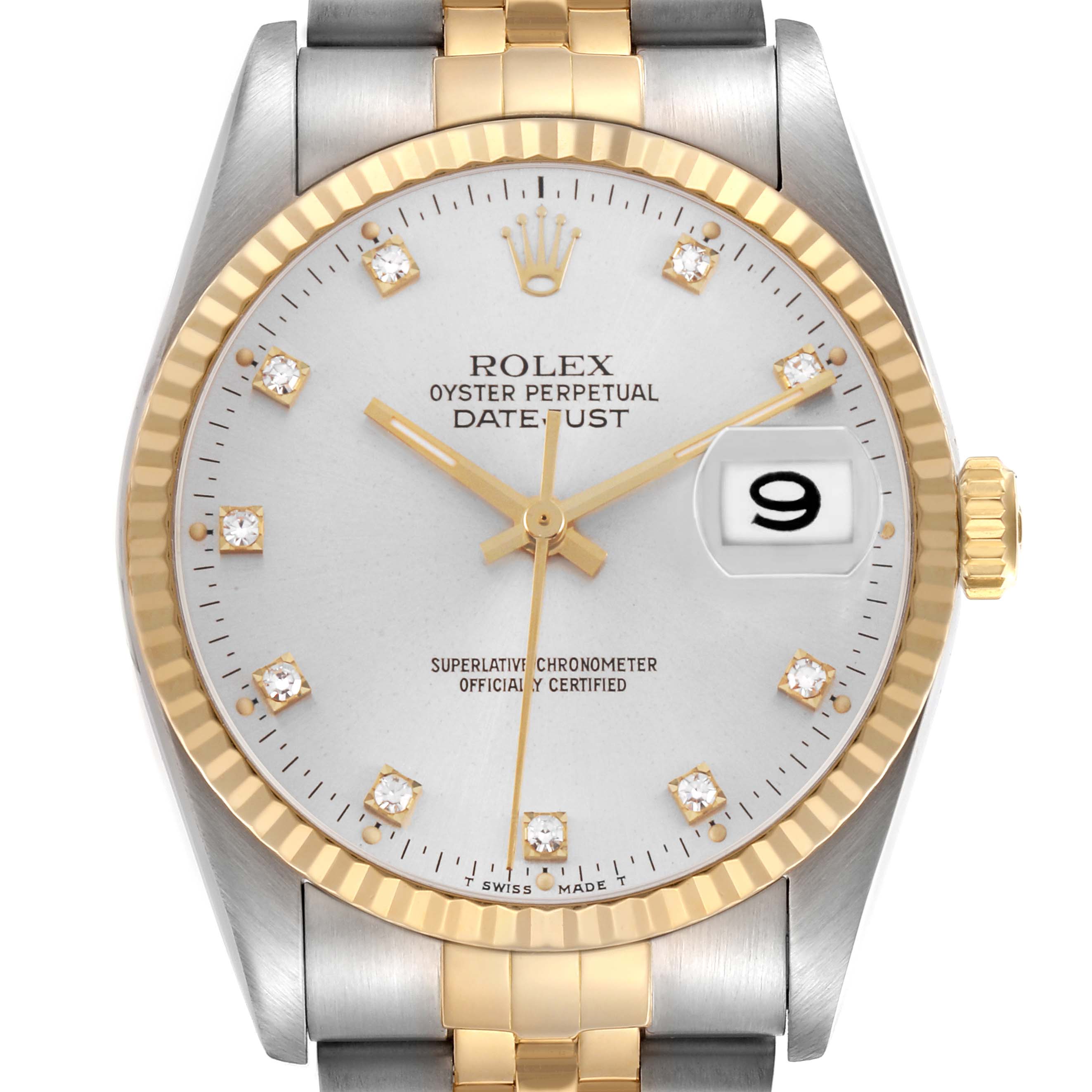 The Rolex Datejust 16233 Men's Steel and Gold (two tone) Silver Dial watch is shown from a front angle, highlighting its dial, bezel, and part of the bracelet.