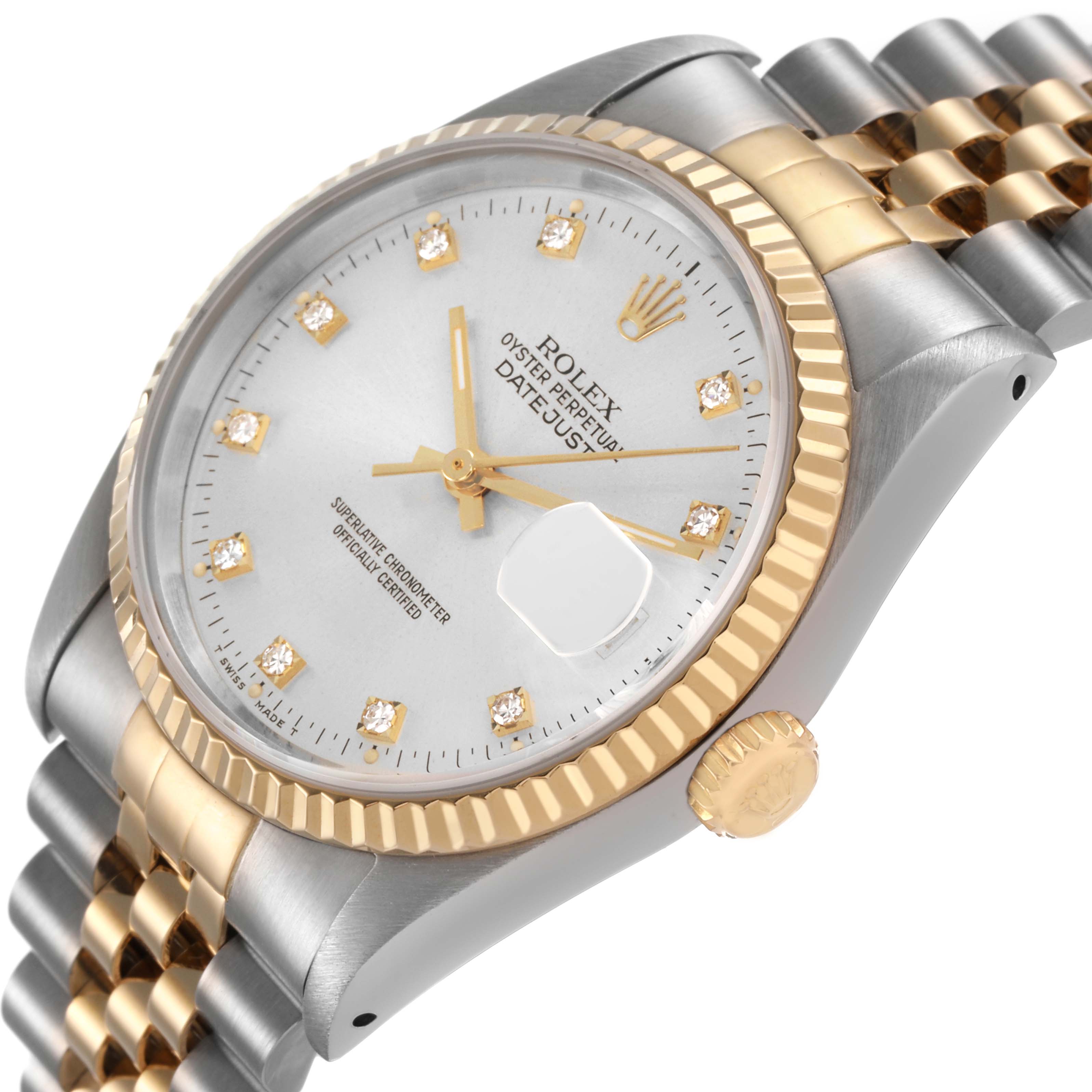 The Rolex Datejust 16233 Men's Steel and Gold (two tone) Silver Dial watch is shown at an oblique angle, highlighting the dial, bezel, crown, and part of the bracelet.