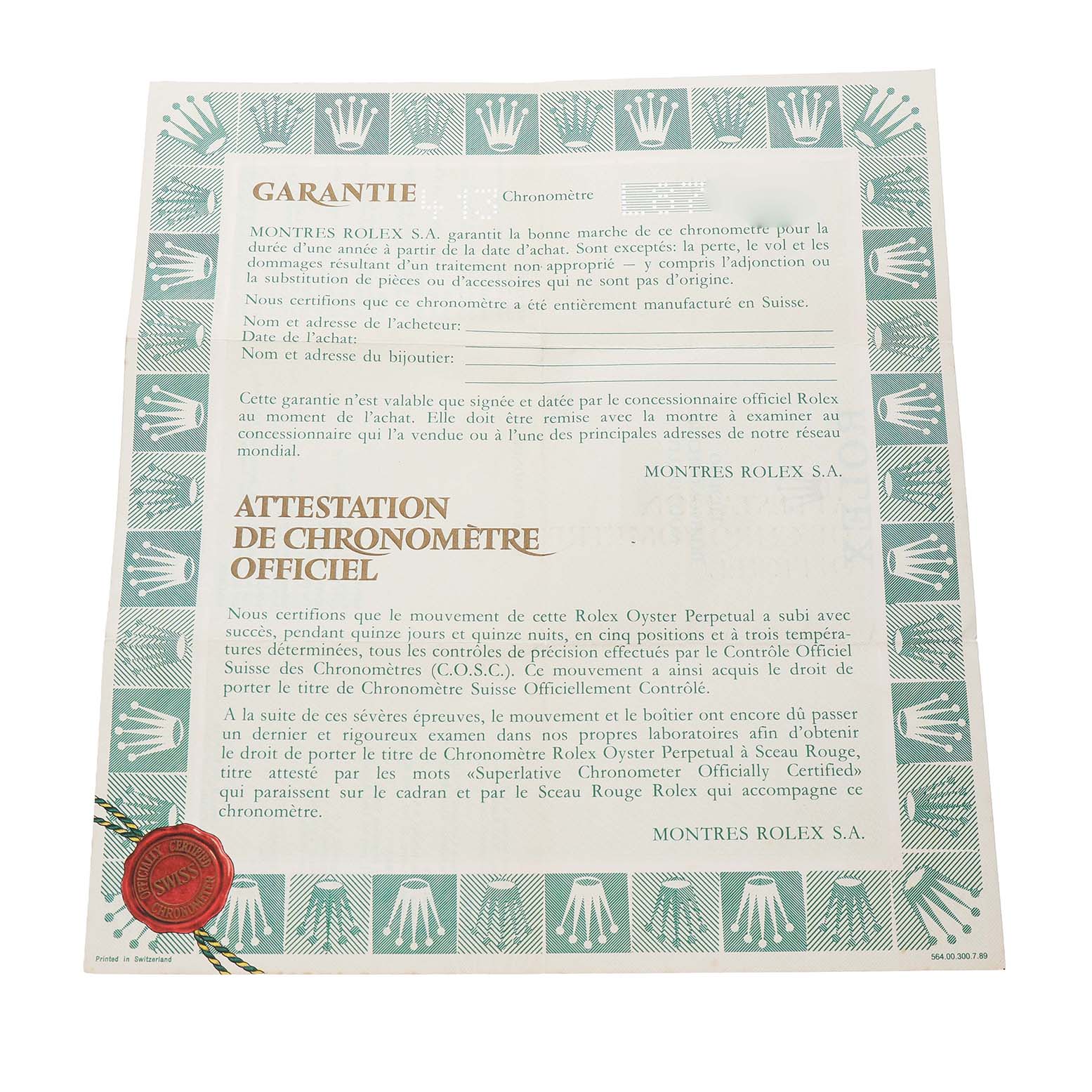 The image shows the warranty and chronometer certificate for a Rolex Datejust 16233 Men's Steel and Gold (two tone) Silver Dial watch, featuring a green border with crown logos.
