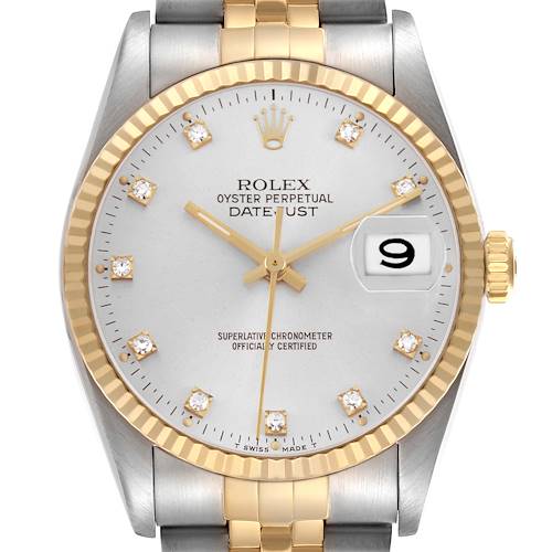 The Rolex Datejust 16233 Men's Steel and Gold (two tone) Silver Dial watch is shown from a top-down angle, highlighting its dial, bezel, and part of the bracelet.