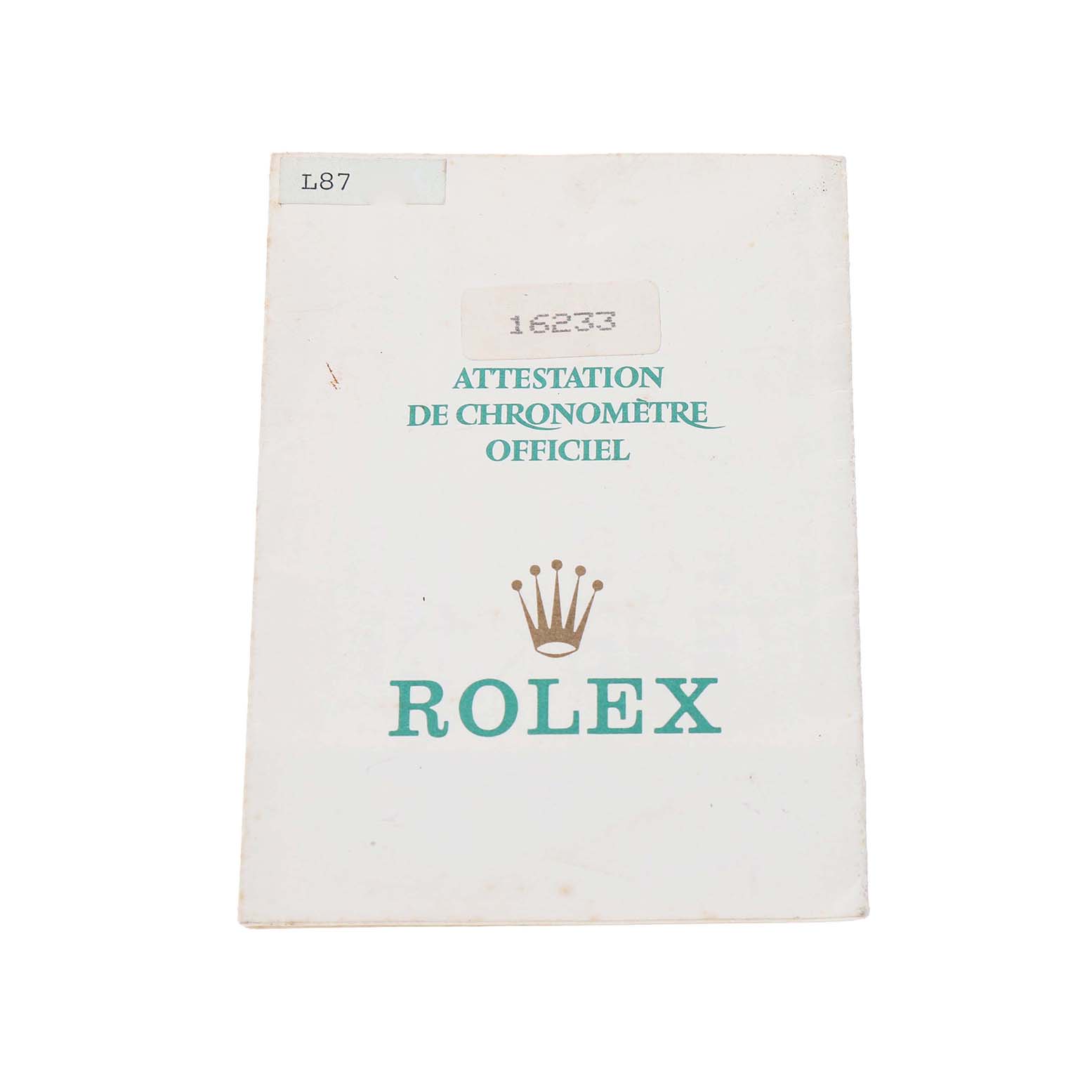 The image shows a front view of the Rolex Datejust 16233 Men's Steel and Gold (two tone) Silver Dial model's certification booklet titled "ATTÉSTATION DE CHRONOMÈTRE OFFICIEL."