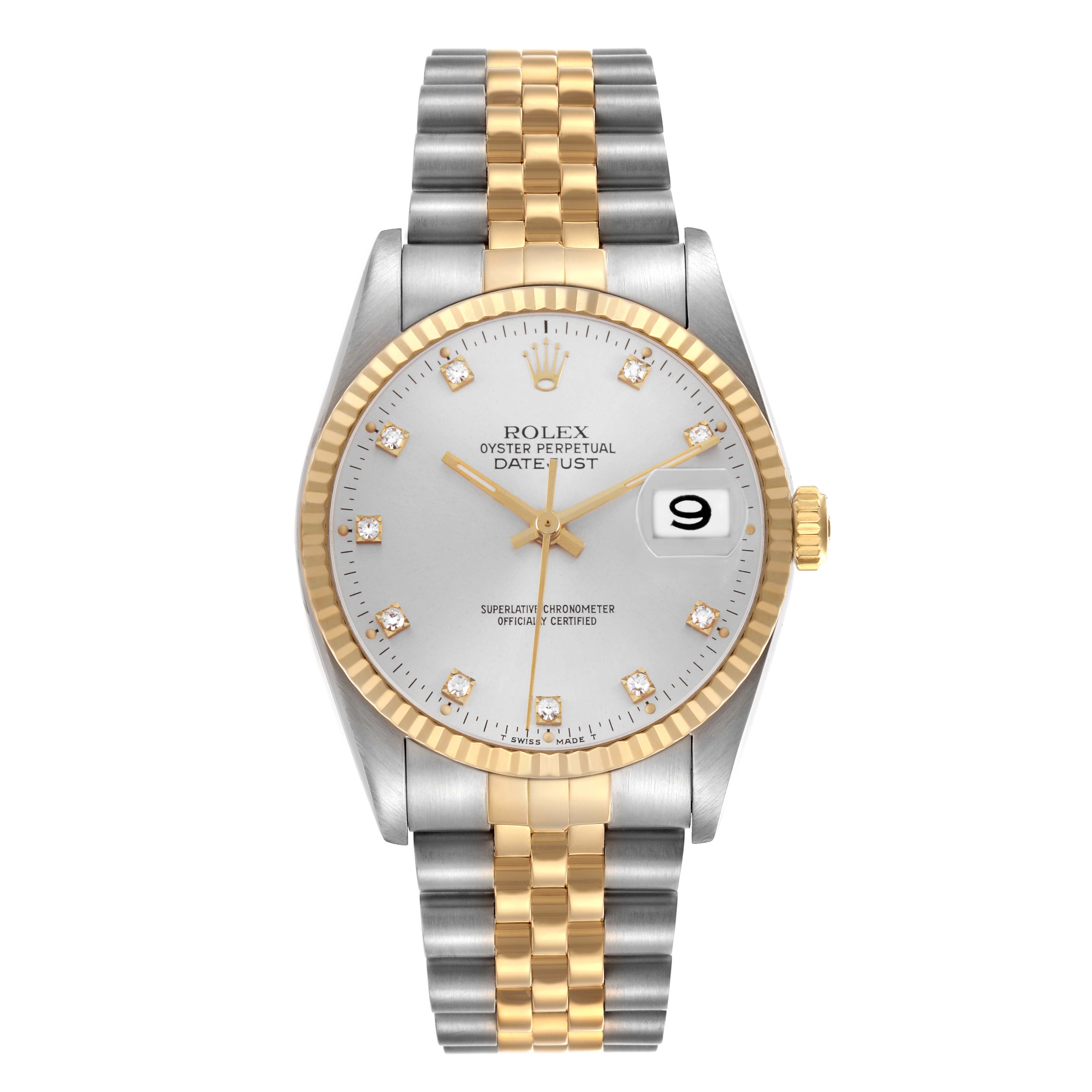 The Rolex Datejust 16233 Men's Steel and Gold (two tone) Silver Dial watch is shown from a front view, highlighting its dial, fluted bezel, and two-tone Jubilee bracelet.
