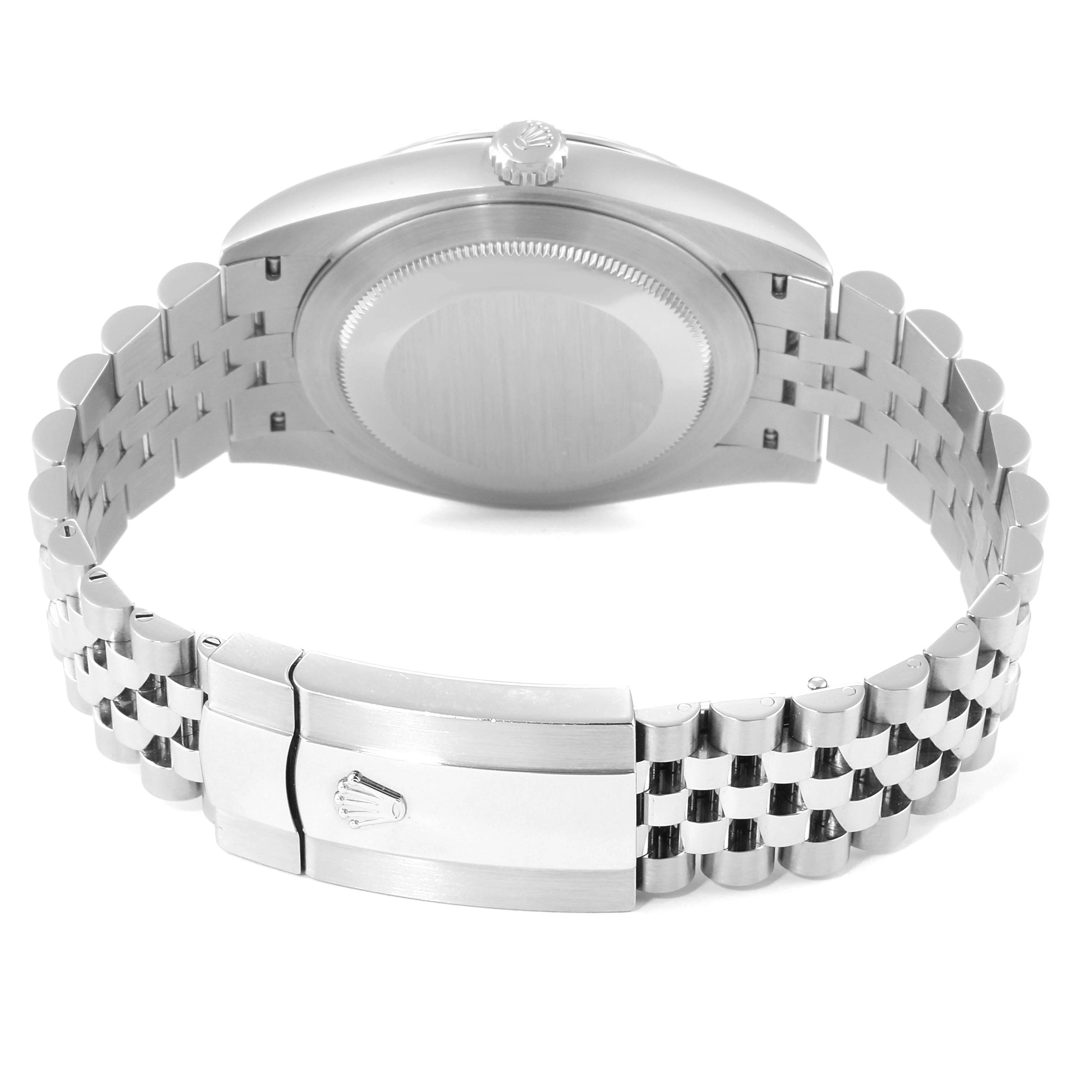 The image shows the back view and clasp of a Rolex Datejust 126334 Men
s Stainless Steel Black Dial 126334 Men
s Stainless Steel Black Dial watch, highlighting its stainless steel bracelet and case back.