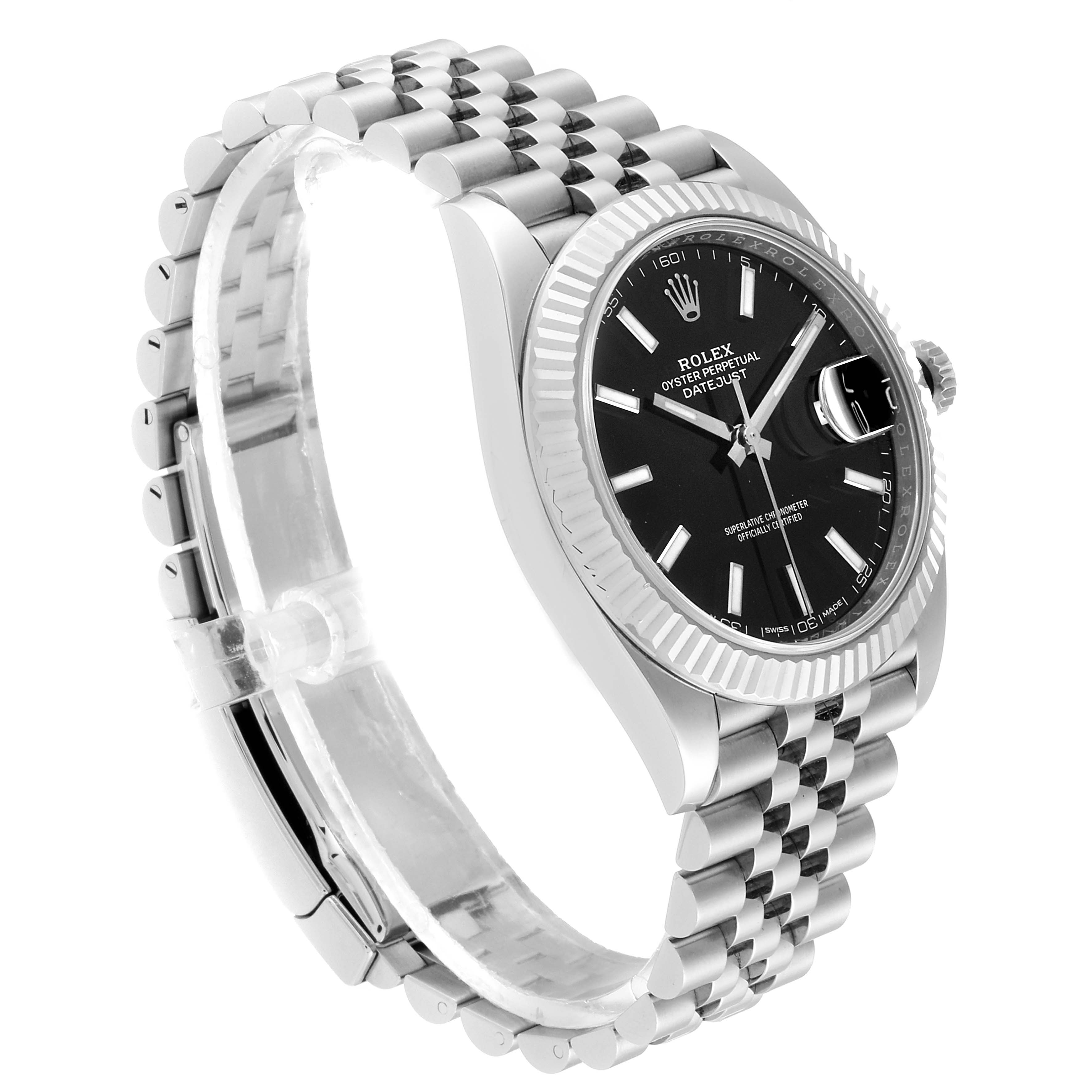 The image shows a Rolex Datejust 126334 Men
s Stainless Steel Black Dial 126334 Men
s Stainless Steel Black Dial watch at an angle, highlighting its black dial, fluted bezel, and Jubilee bracelet.
