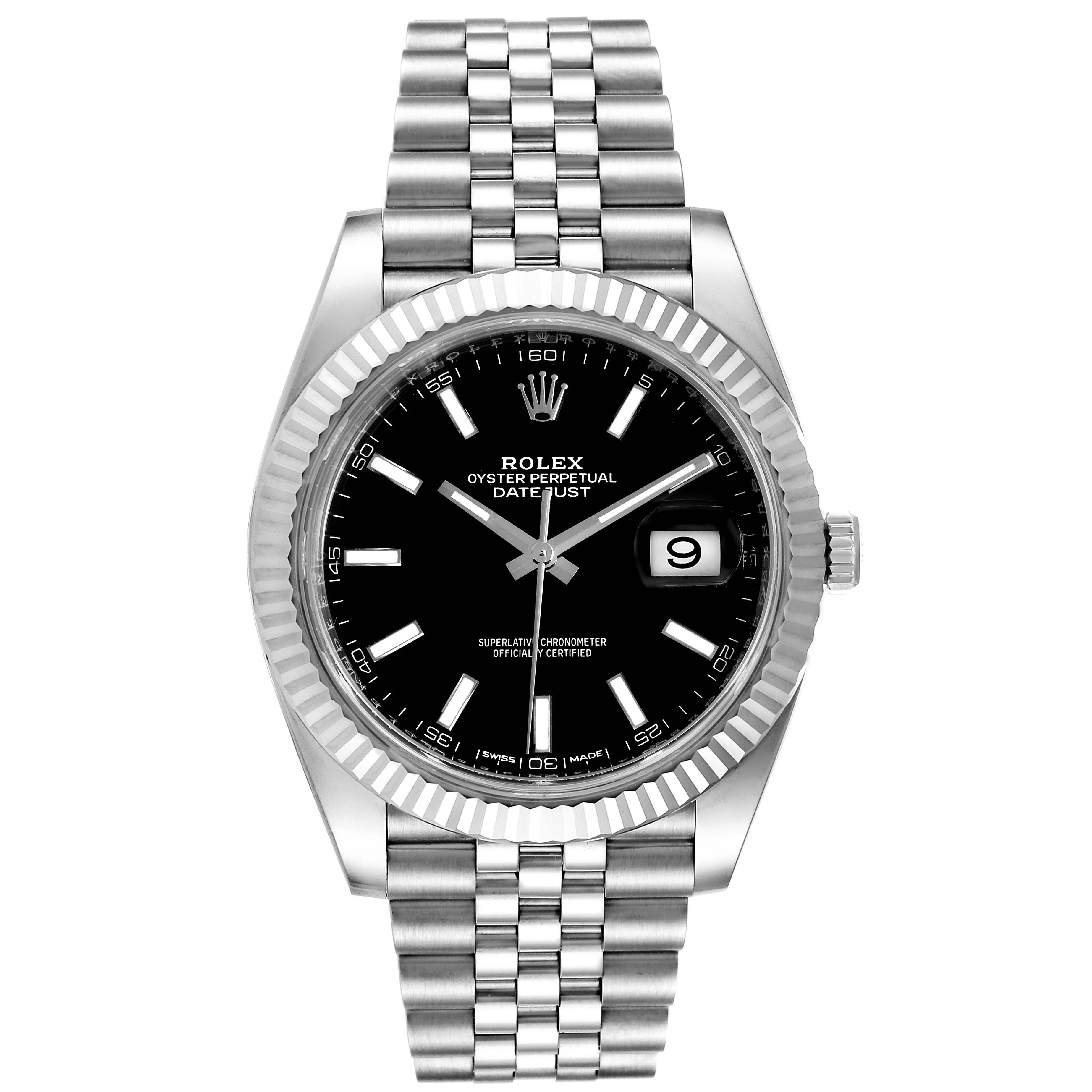 This image shows a frontal view of a Rolex Datejust 126334 Men
s Stainless Steel Black Dial 126334 Men
s Stainless Steel Black Dial watch, displaying the dial, bezel, and bracelet.