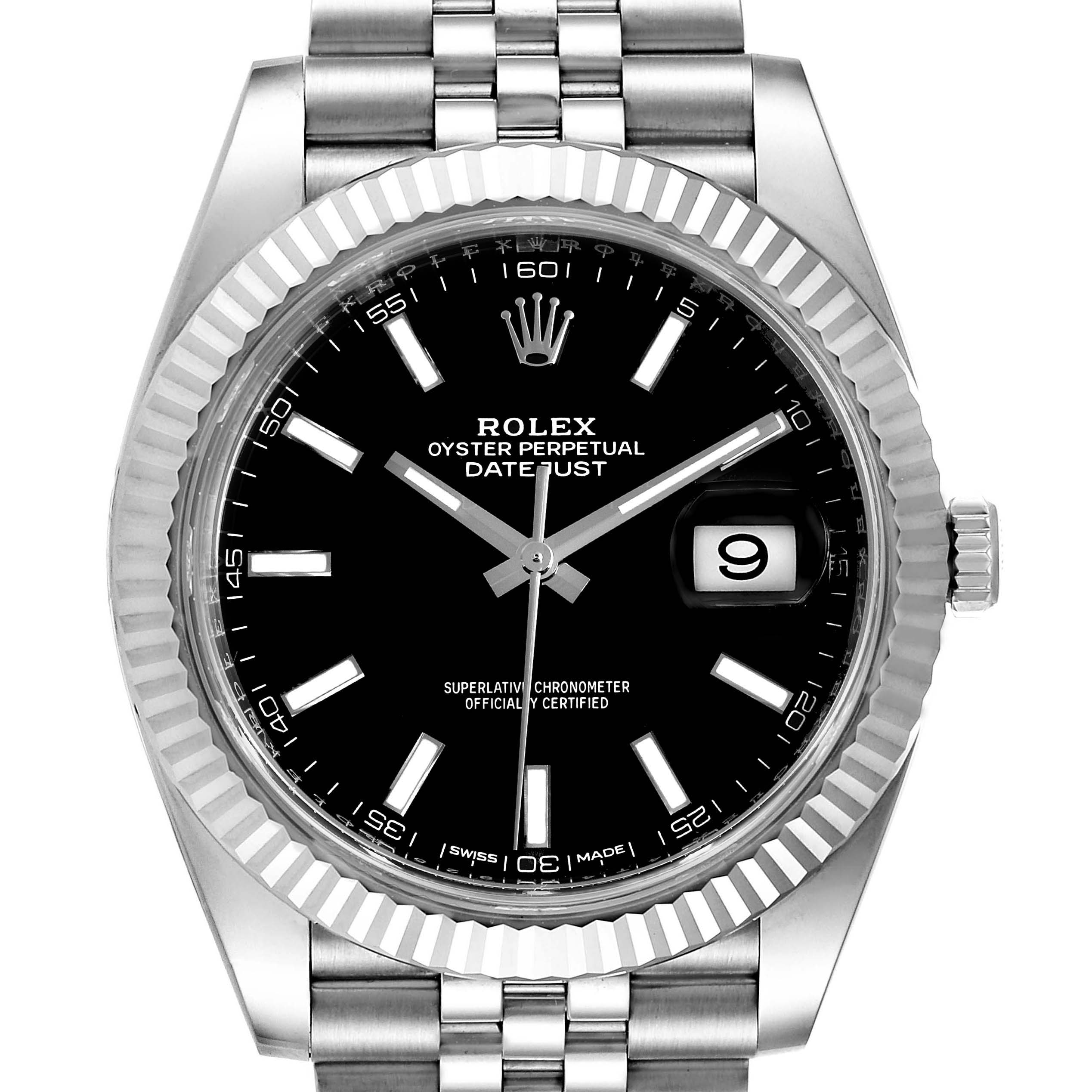 The image shows a front view of the Rolex Datejust 126334 Men
s Stainless Steel Black Dial 126334 Men
s Stainless Steel Black Dial watch, highlighting the black dial, date display, fluted bezel, and Jubilee bracelet.