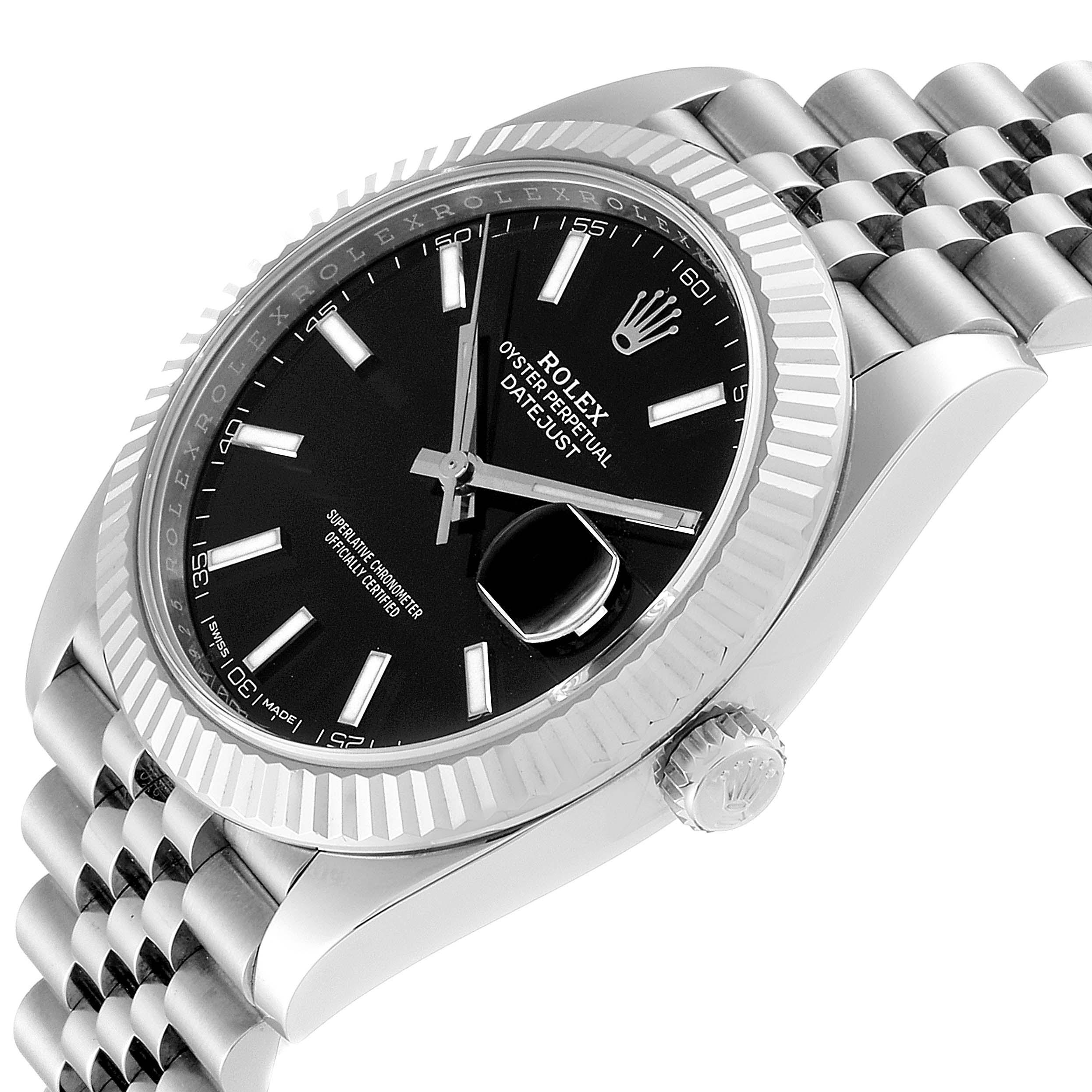 This image shows a side angle of a Rolex Datejust 126334 Men
s Stainless Steel Black Dial 126334 Men
s Stainless Steel Black Dial watch, highlighting its face, bezel, crown, and part of the band.