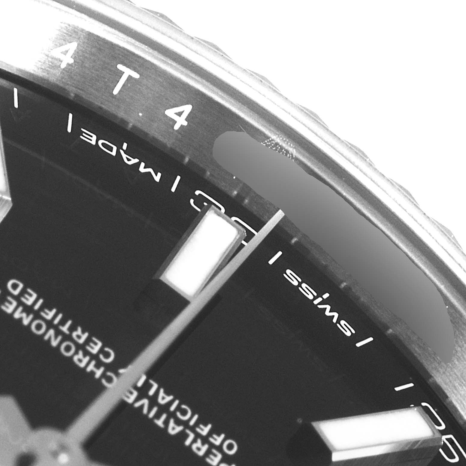 The close-up image shows the upper dial, partial hour markers, and bezel of a Rolex Datejust 126334 Men
s Stainless Steel Black Dial 126334 Men
s Stainless Steel Black Dial watch.