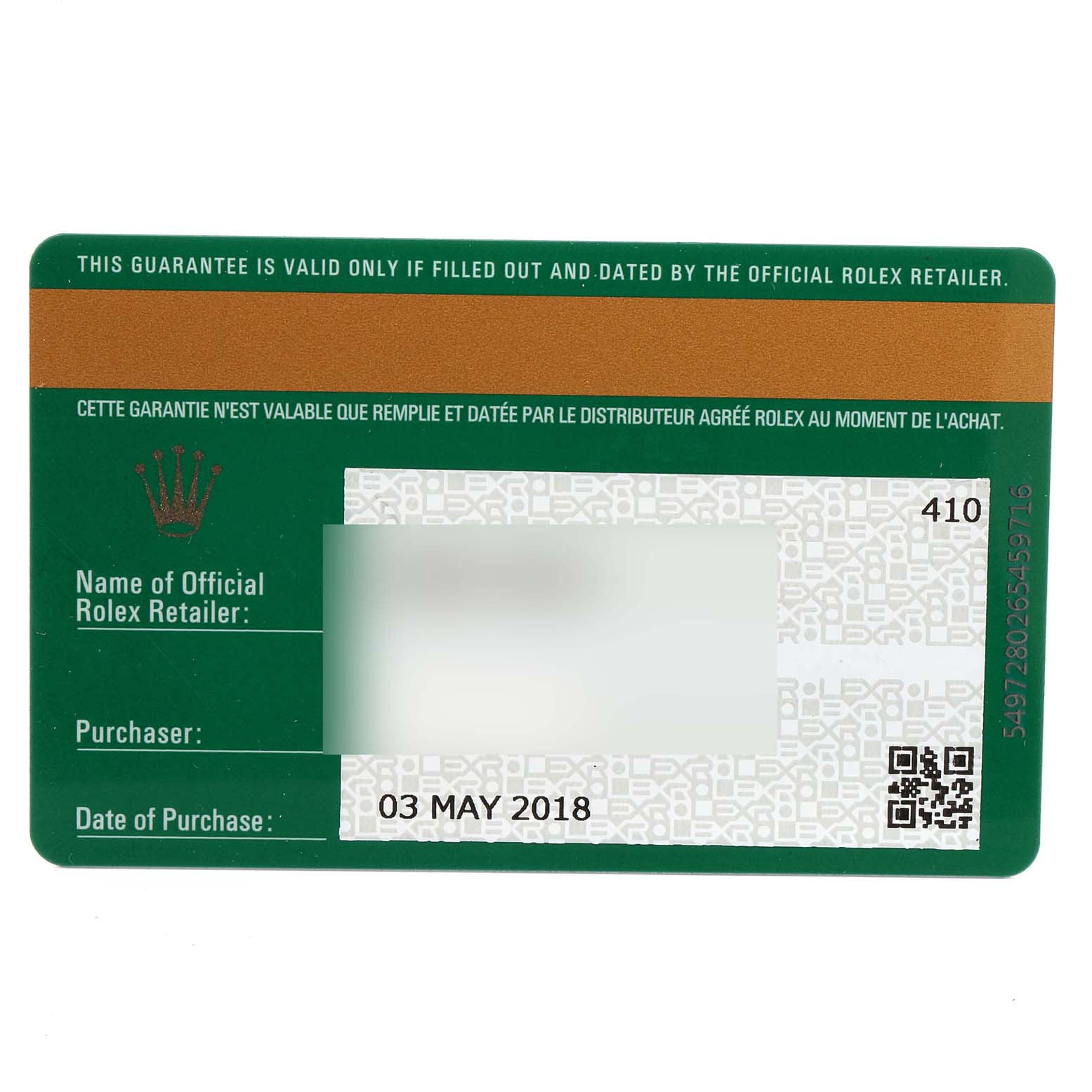 This image shows an official guarantee card for a Rolex Datejust 126334 Men
s Stainless Steel Black Dial 126334 Men
s Stainless Steel Black Dial model, viewed from the front.