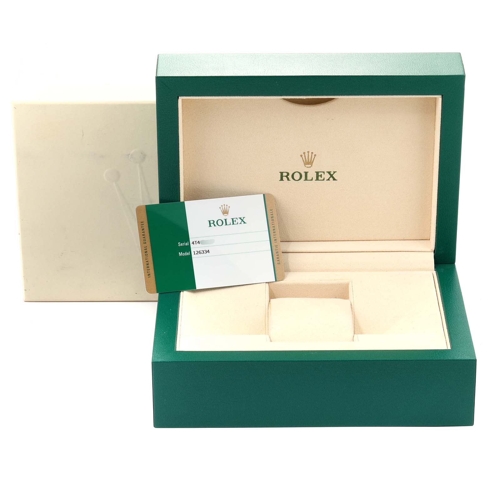 The image shows an empty Rolex Datejust 126334 Men
s Stainless Steel Black Dial 126334 Men
s Stainless Steel Black Dial watch box, an Best Quality
ity card, and its outer cardboard box.