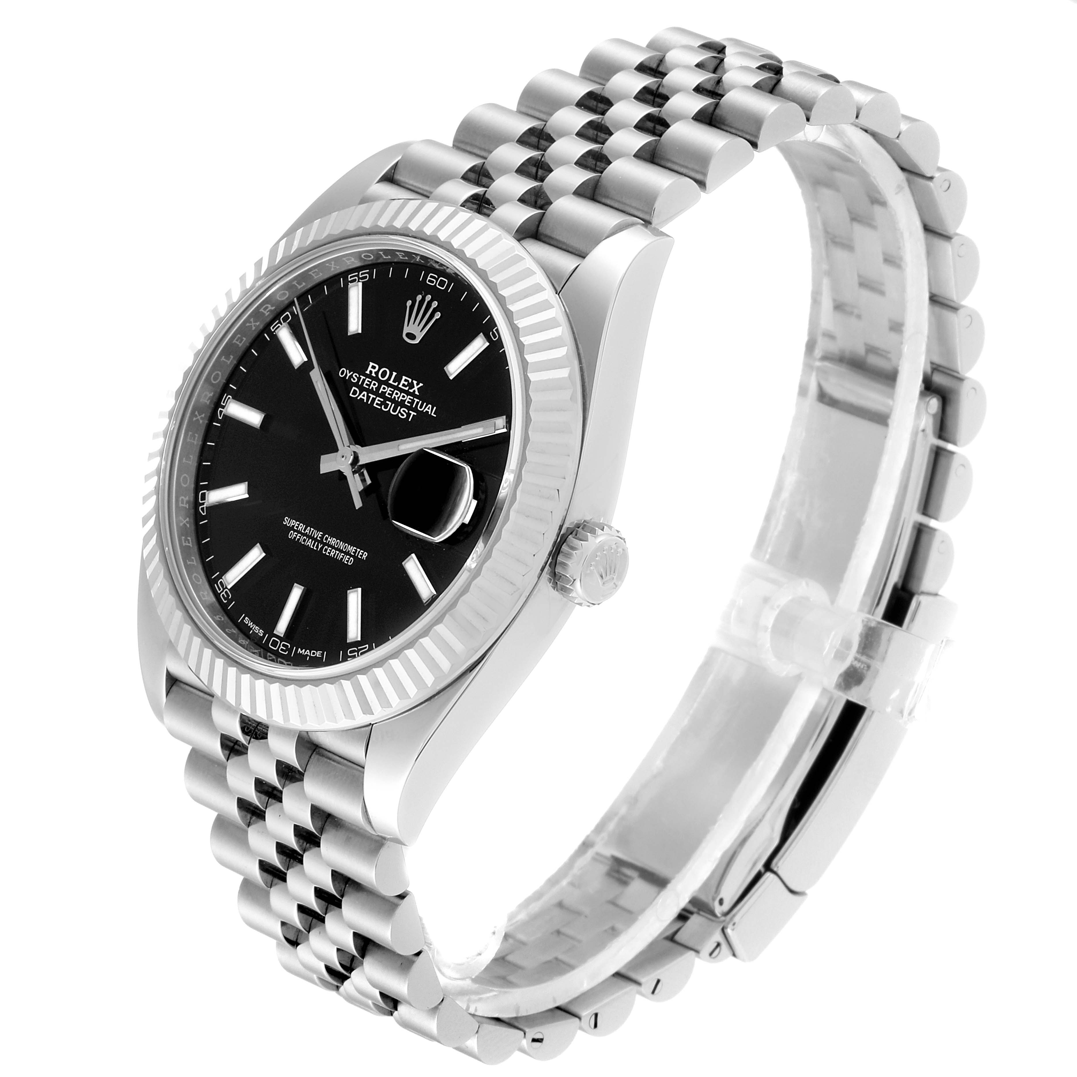 The image shows a side-angle view of a Rolex Datejust 126334 Men
s Stainless Steel Black Dial 126334 Men
s Stainless Steel Black Dial watch, highlighting its black dial, fluted bezel, and jubilee bracelet.