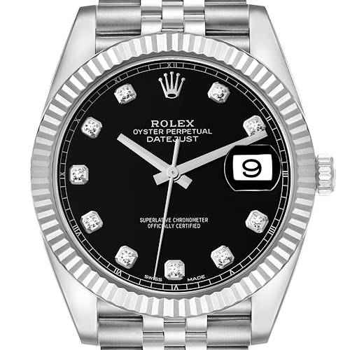 The image shows a front view of the Rolex Datejust 41 watch, featuring its black dial, date window, diamond hour markers, and fluted bezel.