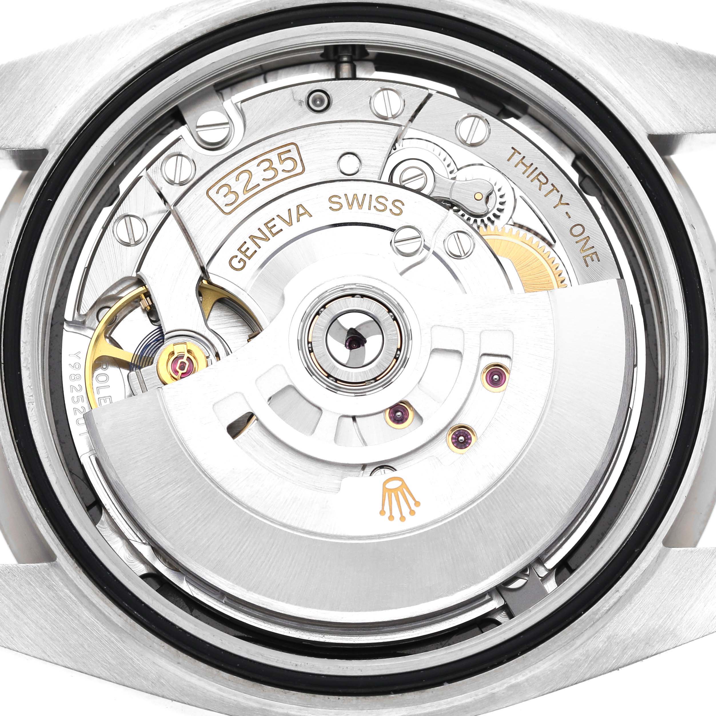 This is a close-up of the movement mechanism inside a Rolex Datejust 41 126334 Men's Stainless Steel Black Dial 126334 Men's Stainless Steel Black Dial model watch.