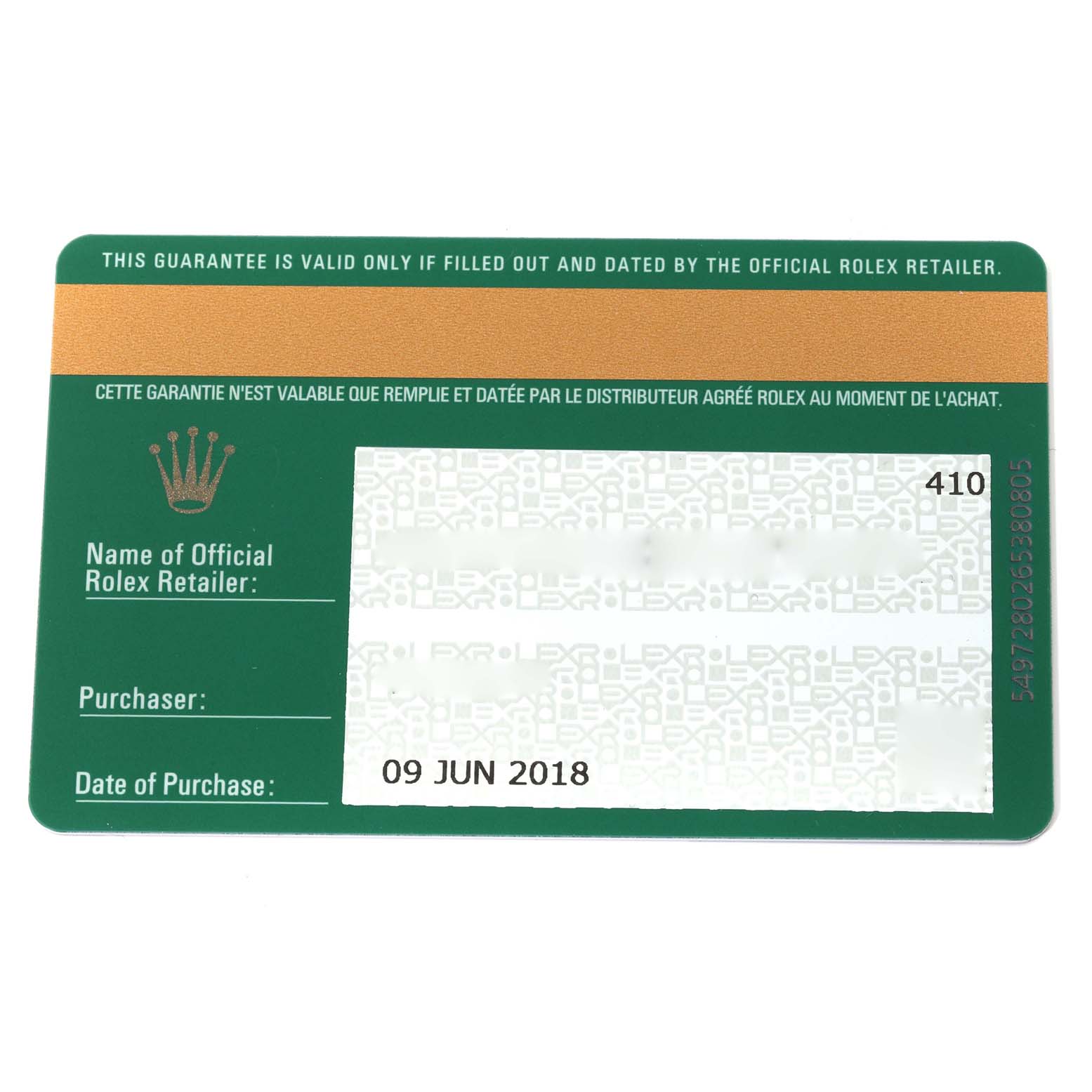 This is the official warranty card for a Rolex Datejust 41 126334 Men's Stainless Steel Black Dial 126334 Men's Stainless Steel Black Dial model, dated 09 June 2018.