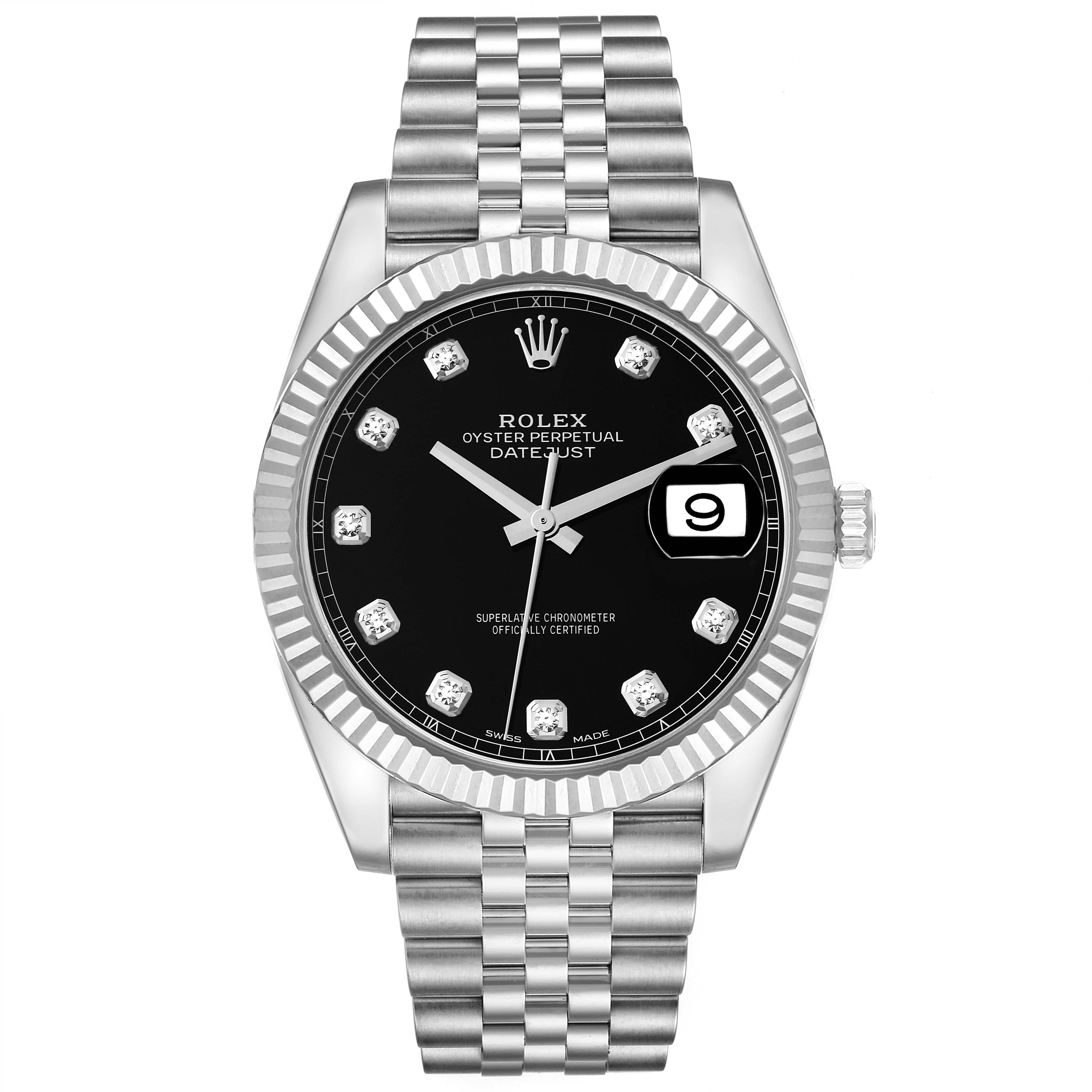 This image shows a front view of the Rolex Datejust 41 126334 Men's Stainless Steel Black Dial 126334 Men's Stainless Steel Black Dial watch, featuring the dial, bezel, and part of the bracelet.