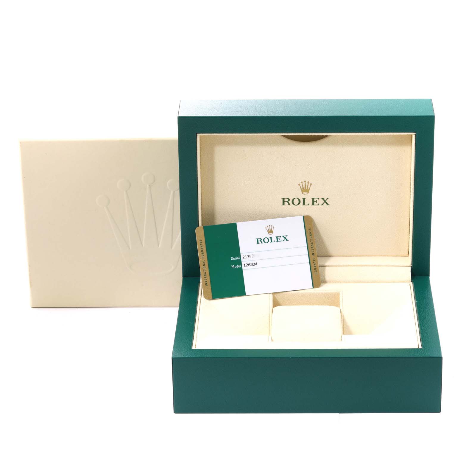 This image shows the packaging and certificate card for a Rolex Datejust 41 126334 Men's Stainless Steel Black Dial 126334 Men's Stainless Steel Black Dial watch, with a green box and cream interior.
