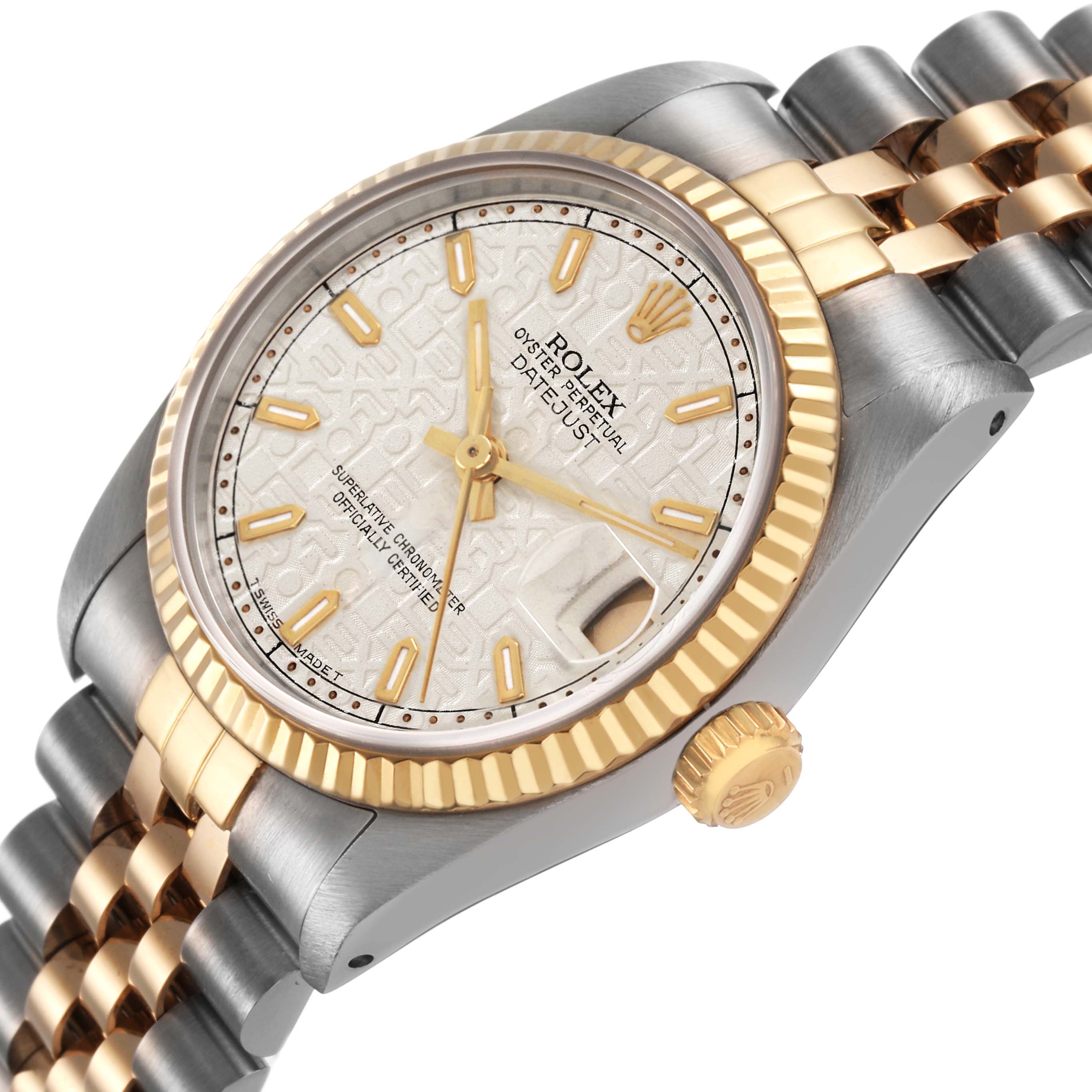 The Rolex Mid-Size 68273 Women's Steel and Gold (two tone) White Dial watch is shown at a three-quarter angle highlighting the bezel, crown, dial, and bracelet.