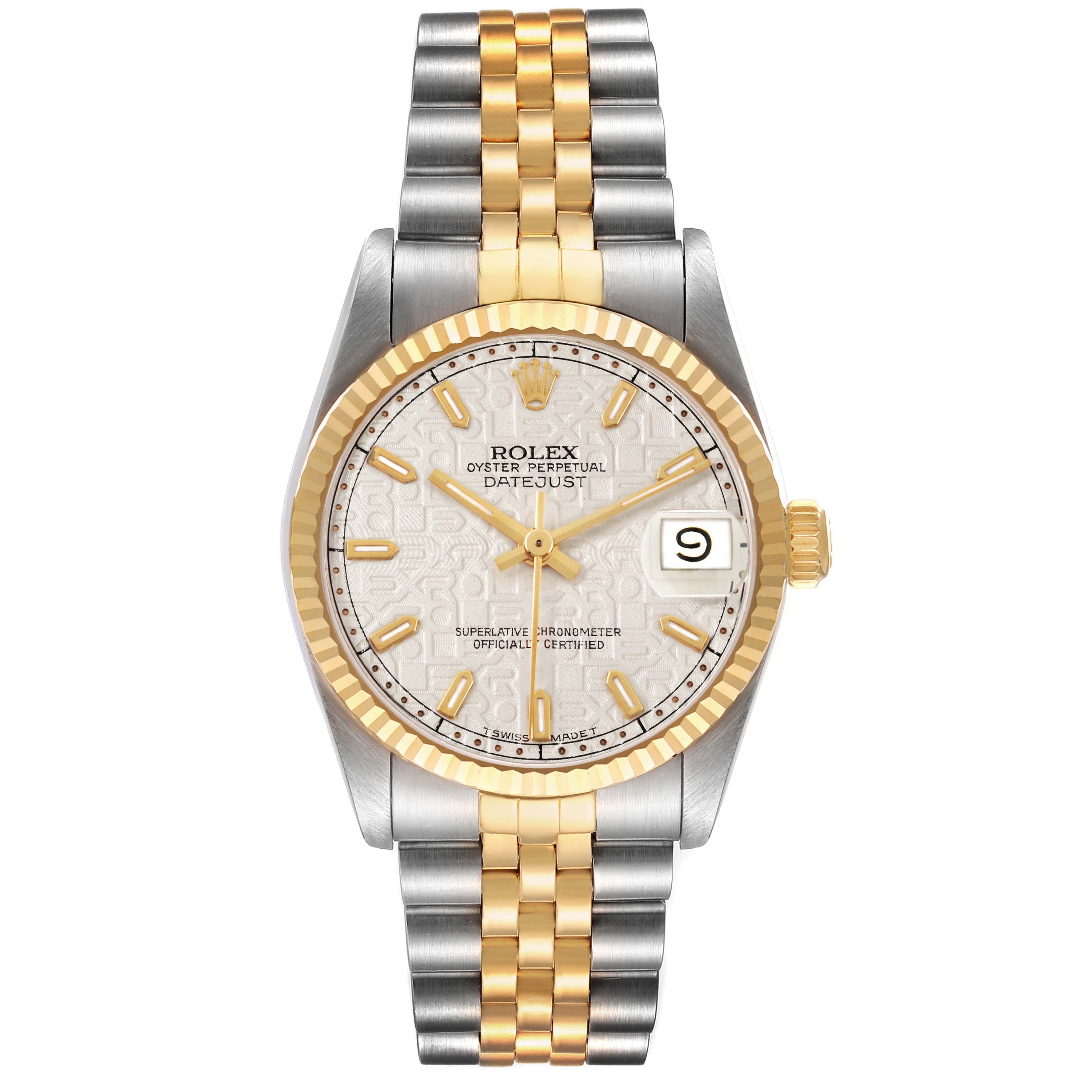 The Rolex Mid-Size 68273 Women's Steel and Gold (two tone) White Dial Oyster Perpetual Datejust is shown from a front view, highlighting the dial, bezel, and bracelet.