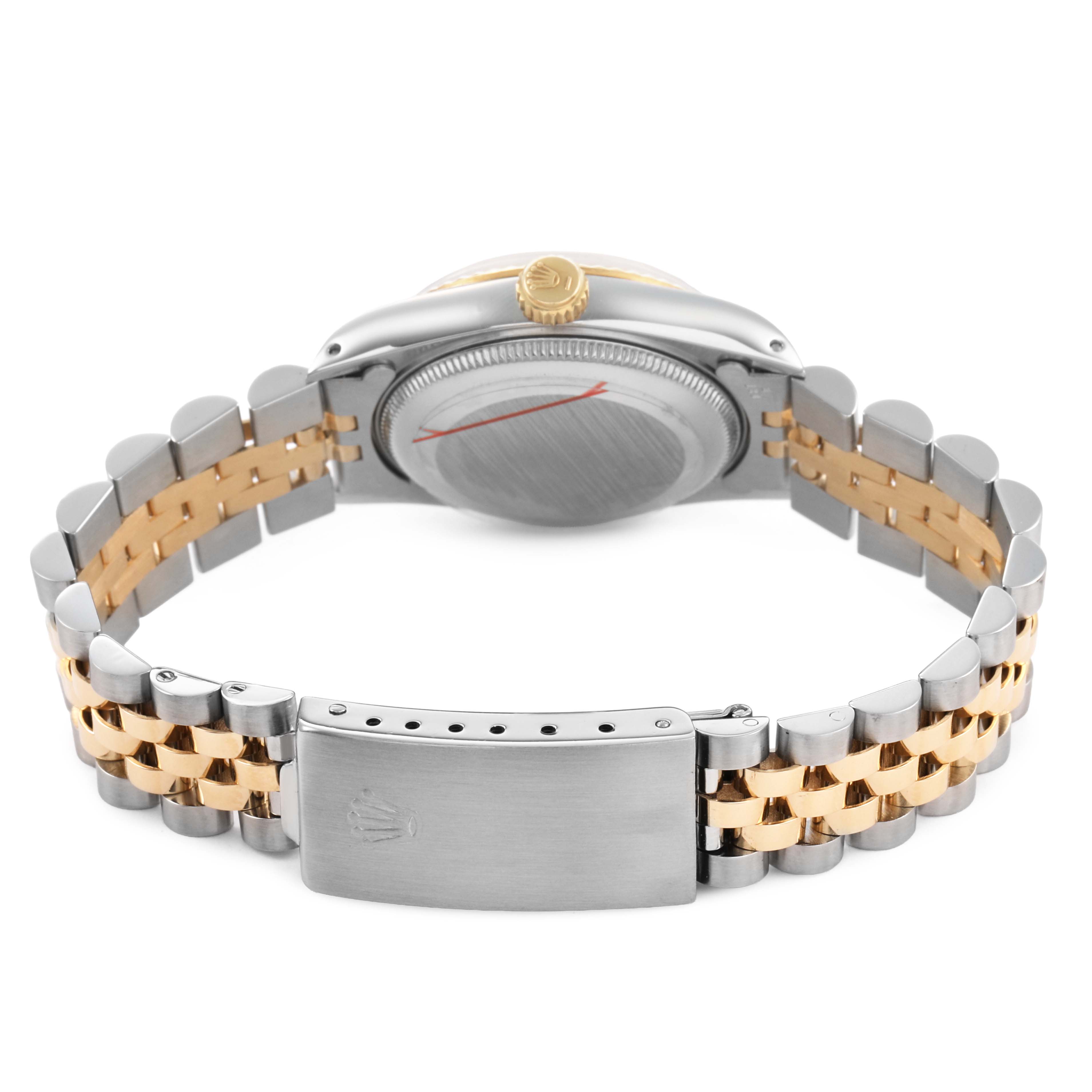 The Rolex Mid-Size 68273 Women's Steel and Gold (two tone) White Dial watch is shown from the back, highlighting the bracelet, clasp, and case back.