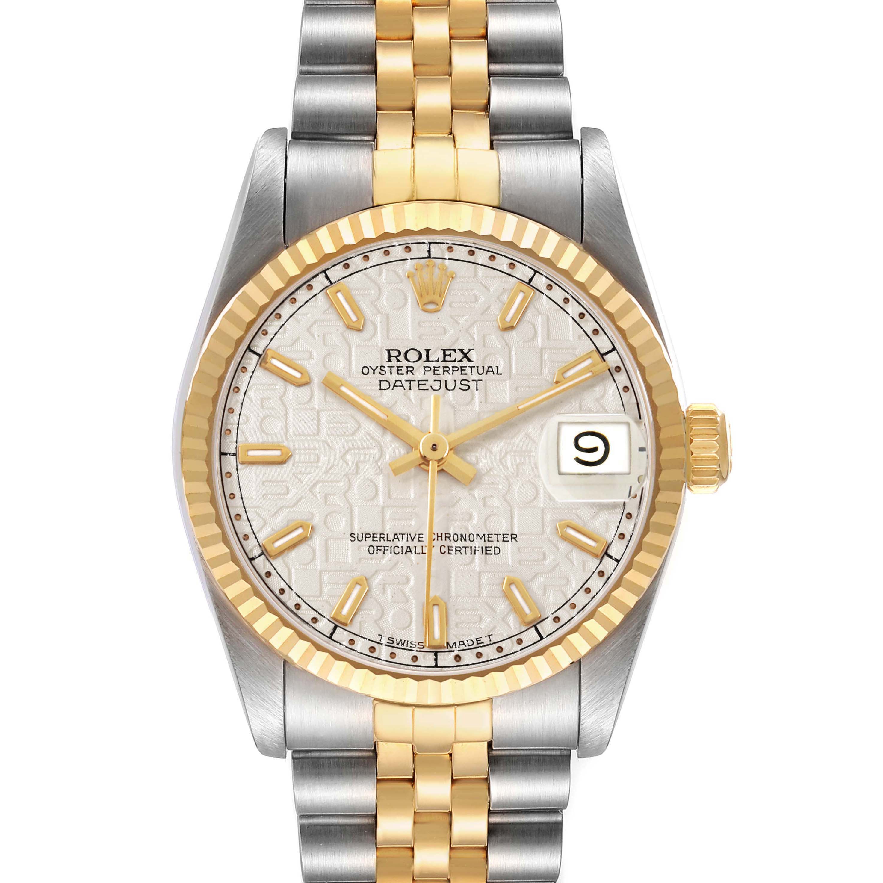 The Rolex Oyster Perpetual Datejust Mid-Size watch is shown from the front, displaying its dial, bezel, and bracelet clearly.