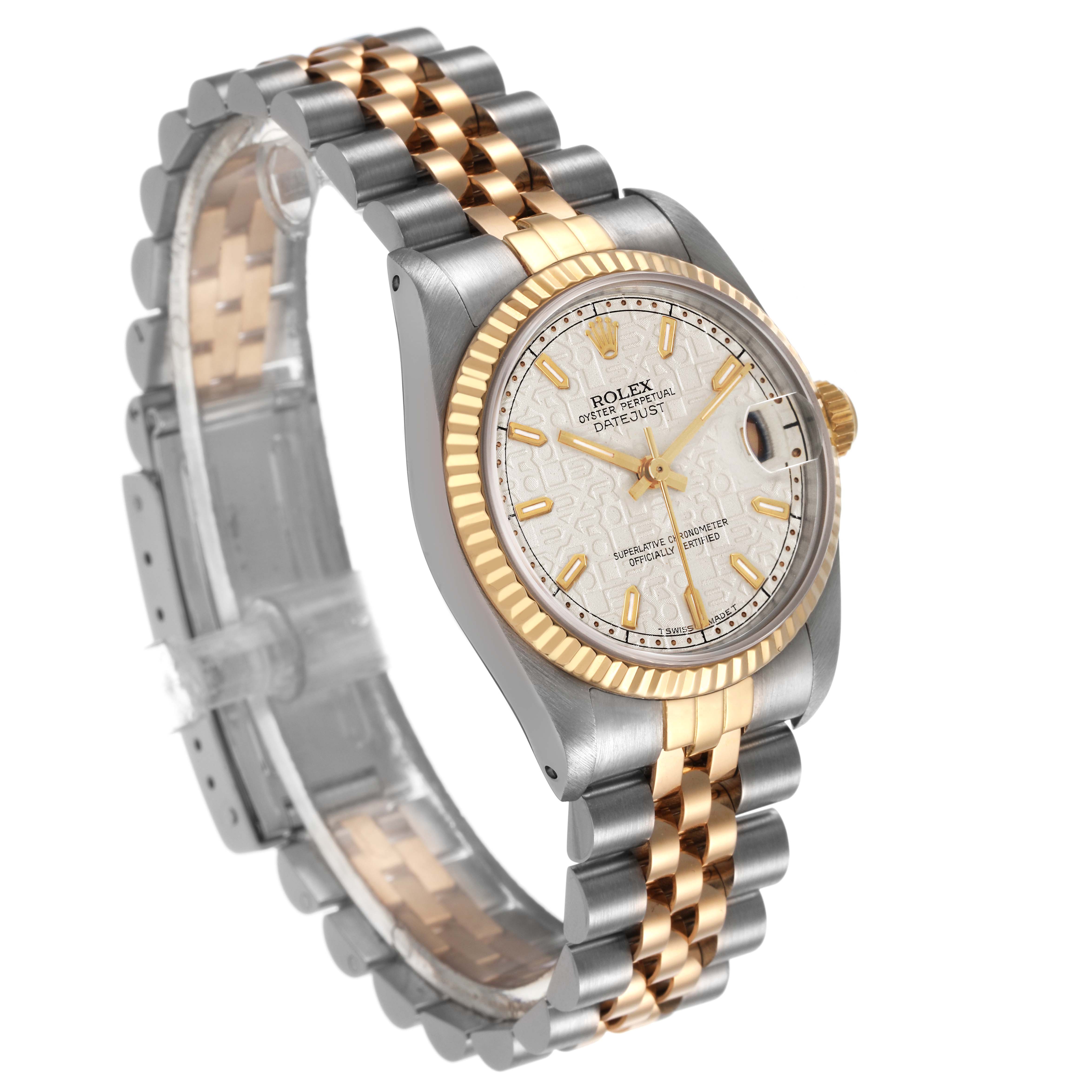 The Rolex Mid-Size 68273 Women's Steel and Gold (two tone) White Dial model is shown at a three-quarter angle highlighting the dial, bezel, and bracelet.